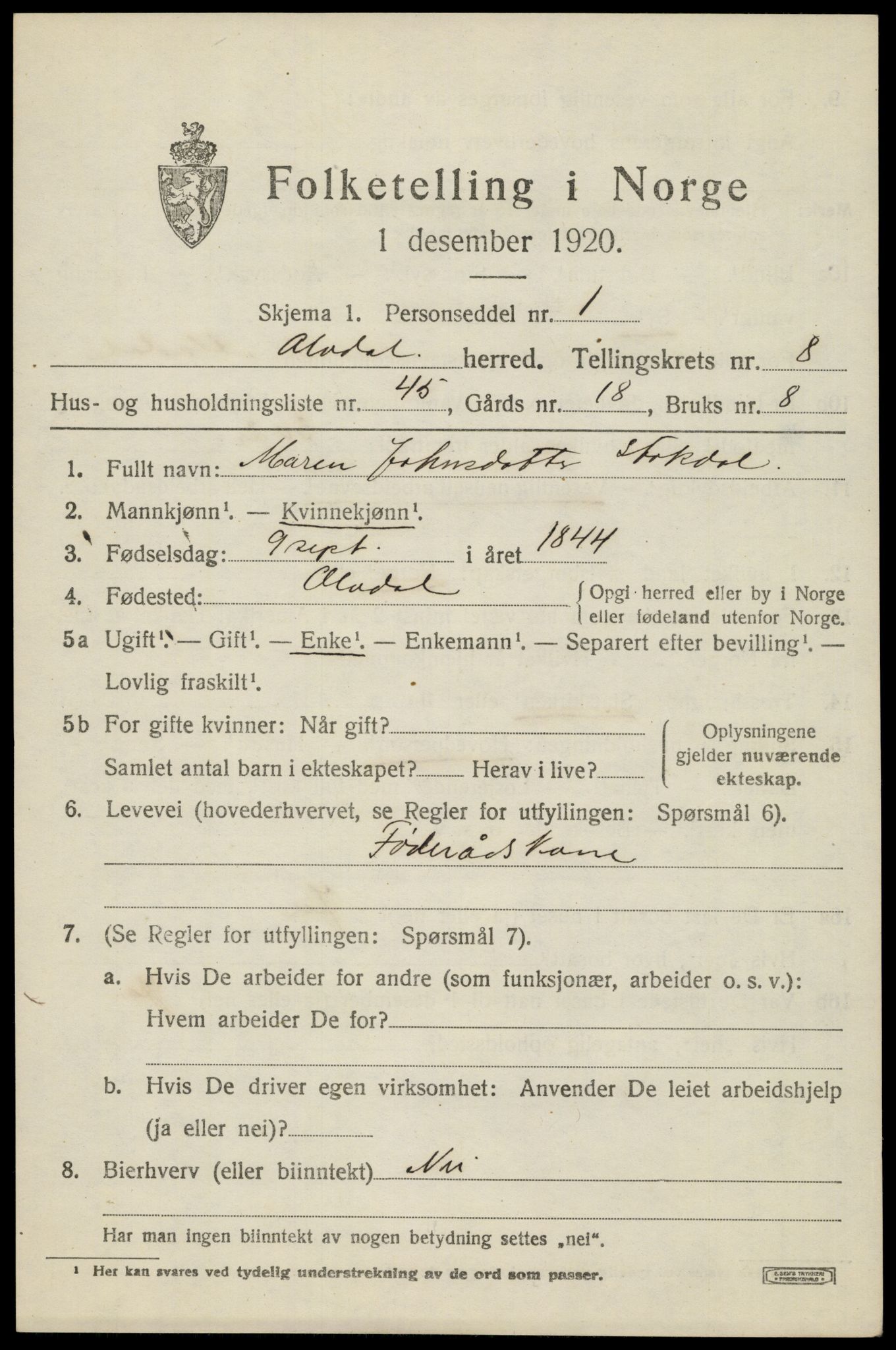 SAH, 1920 census for Alvdal, 1920, p. 4910