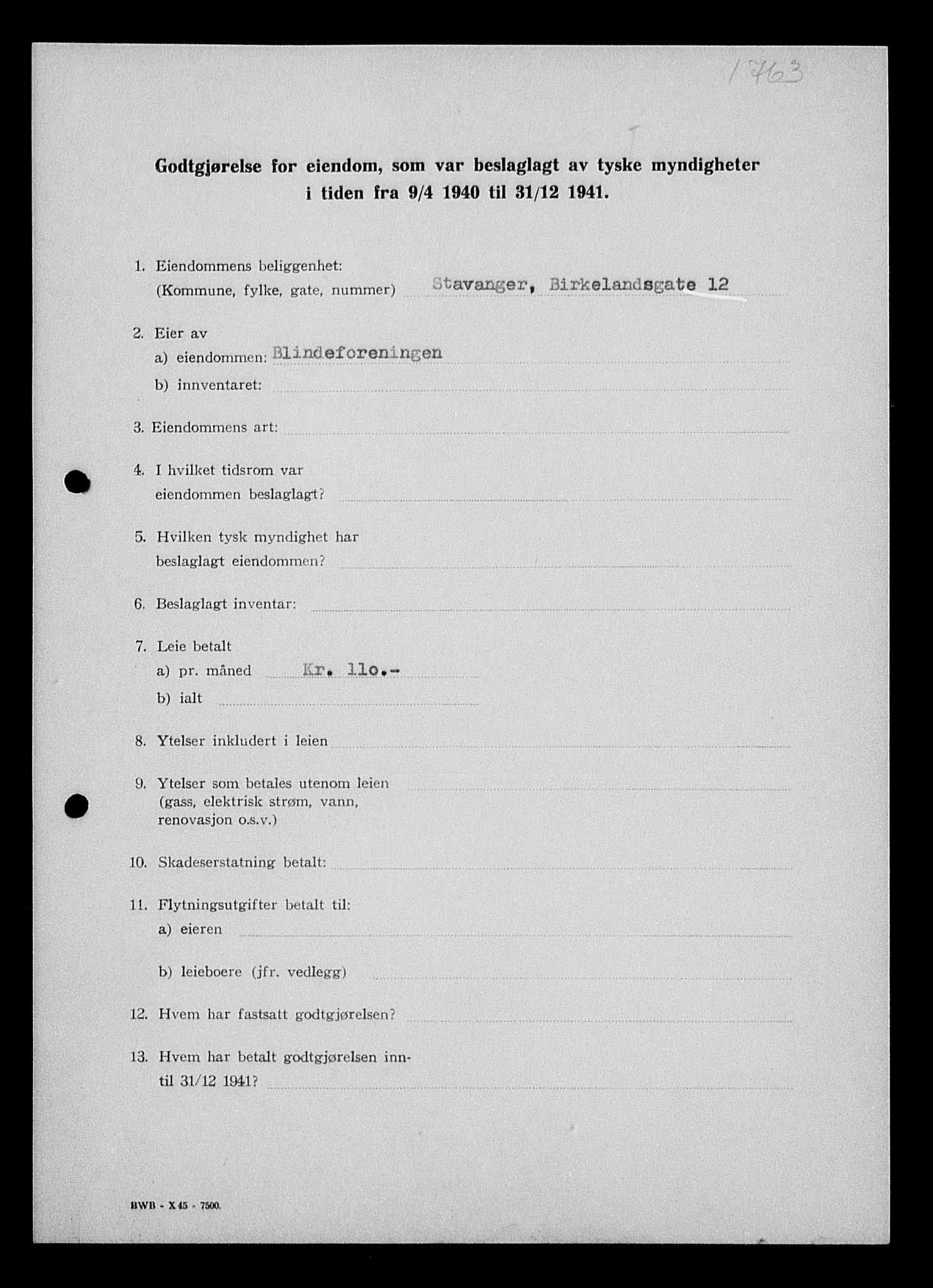 Justisdepartementet, Tilbakeføringskontoret for inndratte formuer, AV/RA-S-1564/I/L1014: Godtgjørelse for beslaglagt eiendom, 1940-1941, p. 16