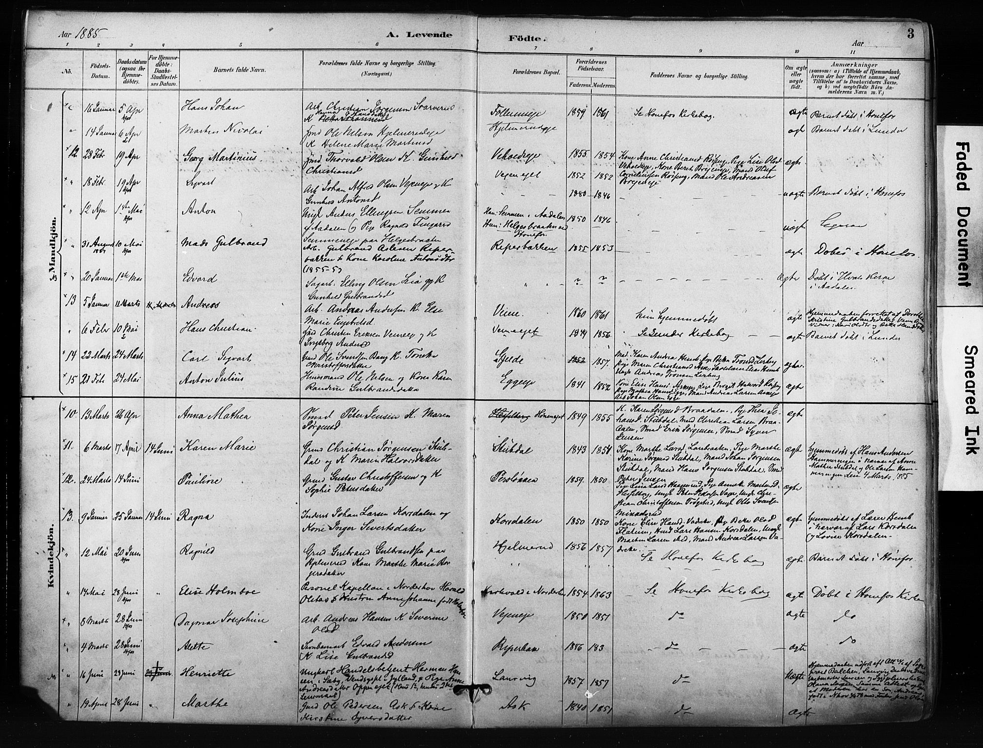Norderhov kirkebøker, AV/SAKO-A-237/F/Fa/L0016: Parish register (official) no. 16, 1885-1902, p. 3