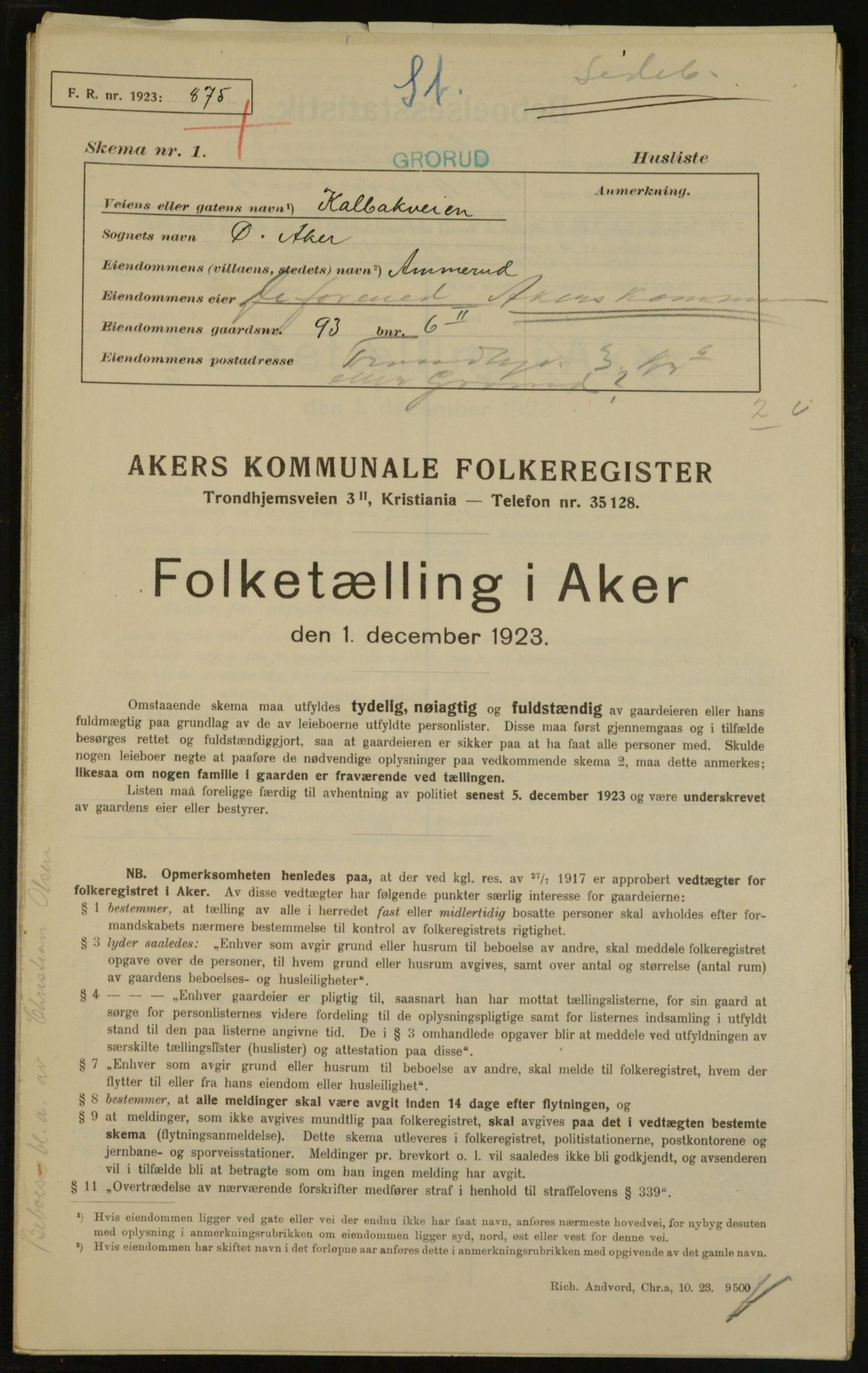 , Municipal Census 1923 for Aker, 1923, p. 28171