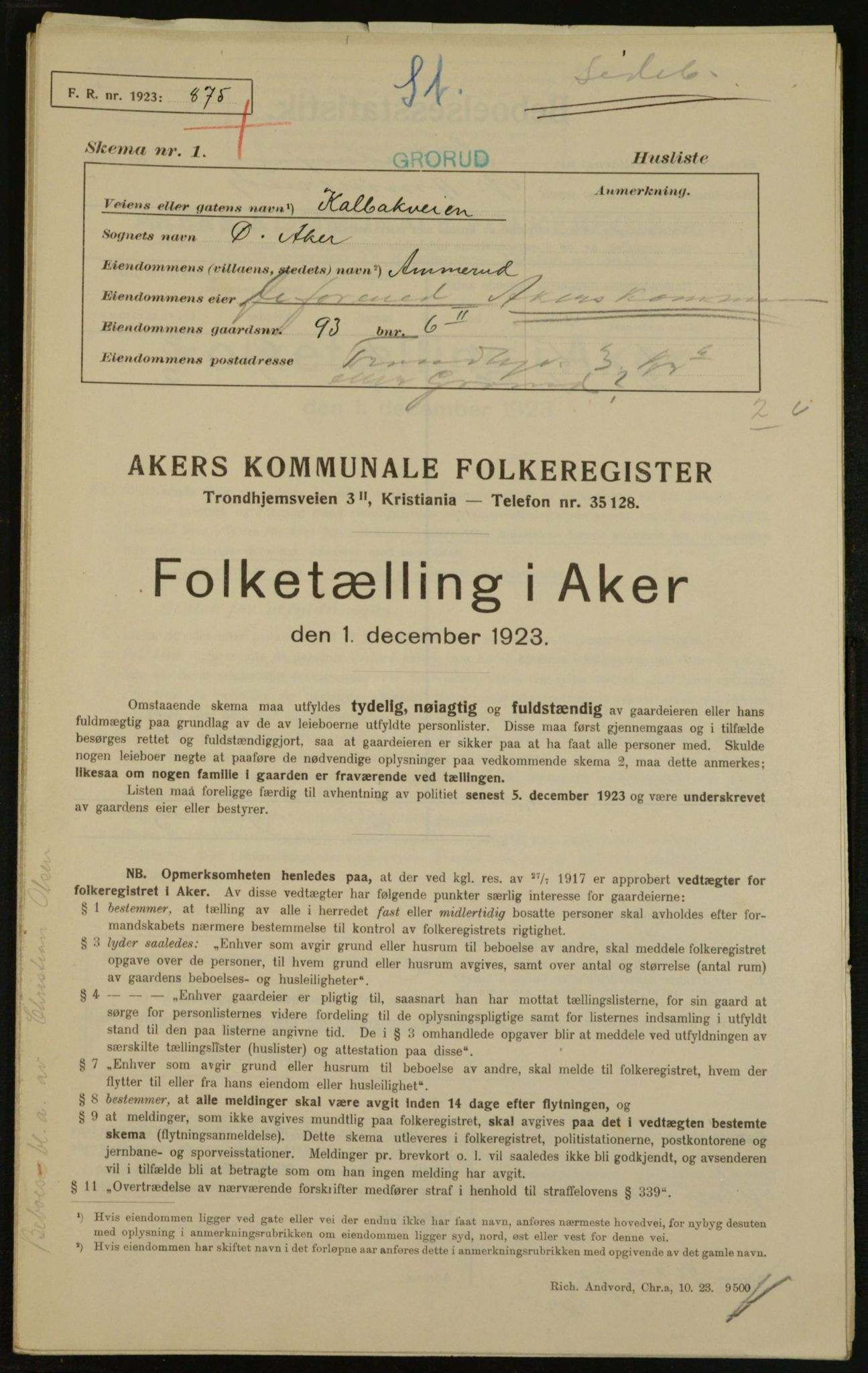 , Municipal Census 1923 for Aker, 1923, p. 28171