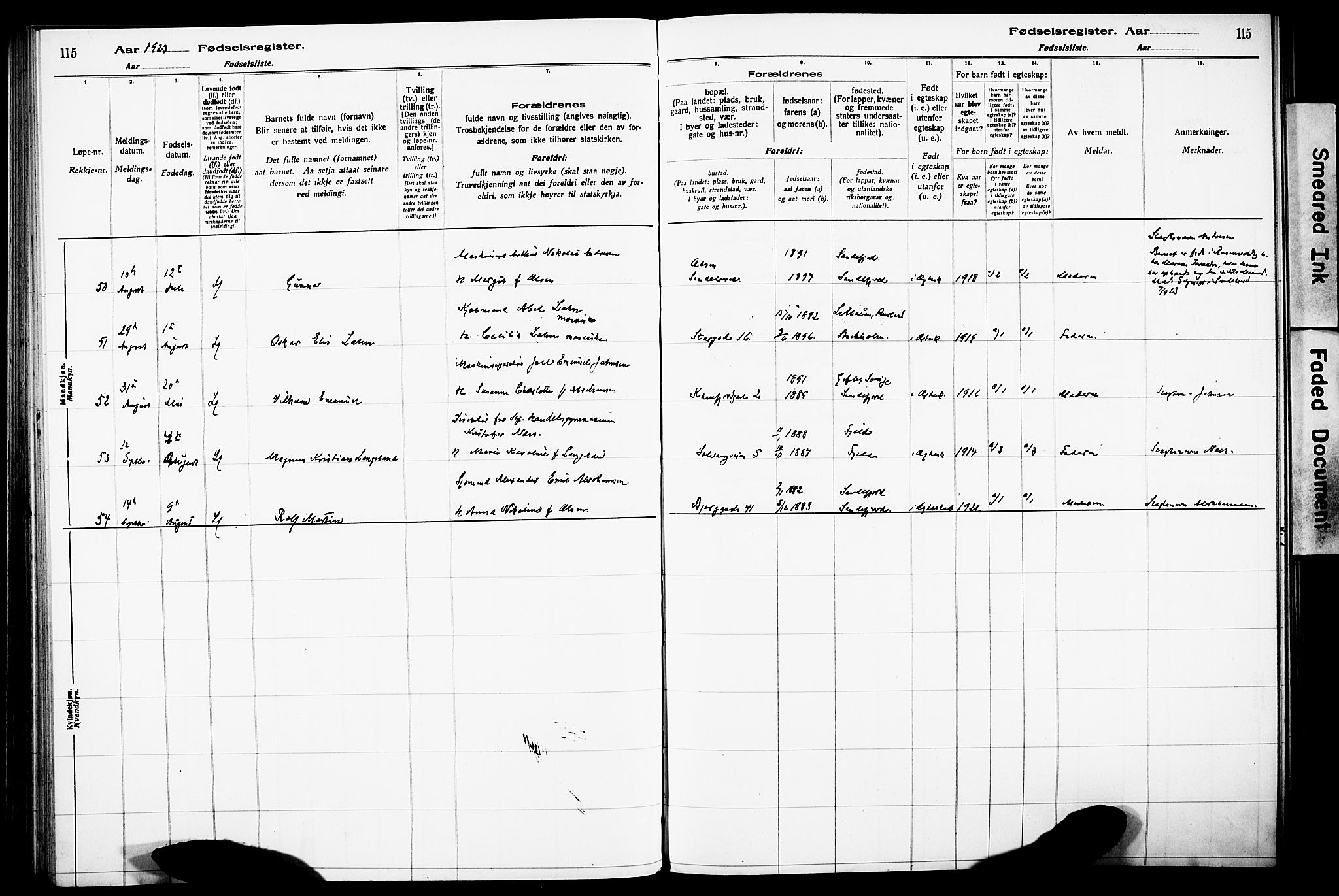 Sandefjord kirkebøker, AV/SAKO-A-315/J/Ja/L0001: Birth register no. 1, 1916-1932, p. 115