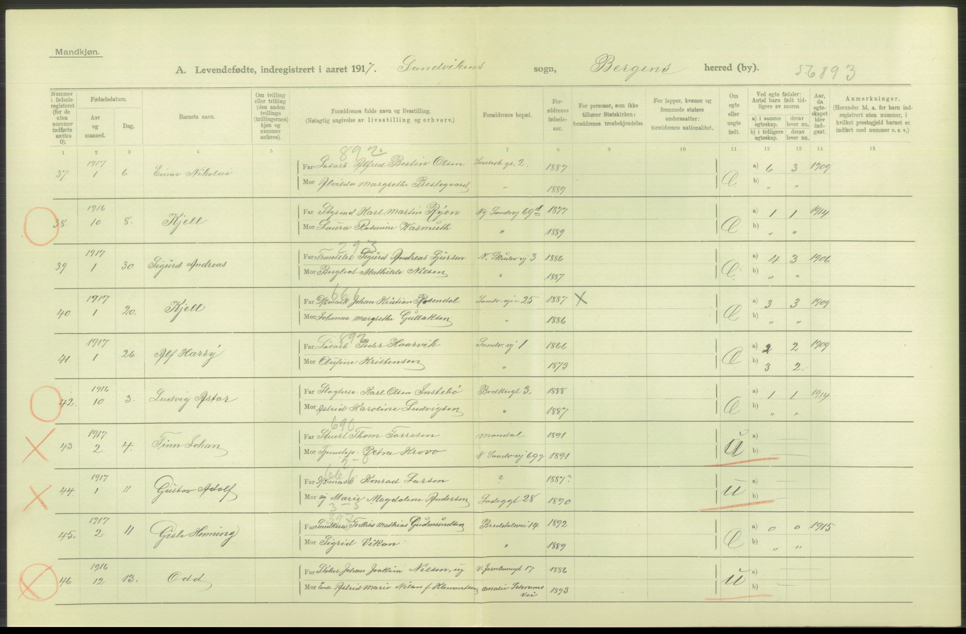 Statistisk sentralbyrå, Sosiodemografiske emner, Befolkning, AV/RA-S-2228/D/Df/Dfb/Dfbg/L0037: Bergen: Levendefødte menn og kvinner., 1917, p. 300