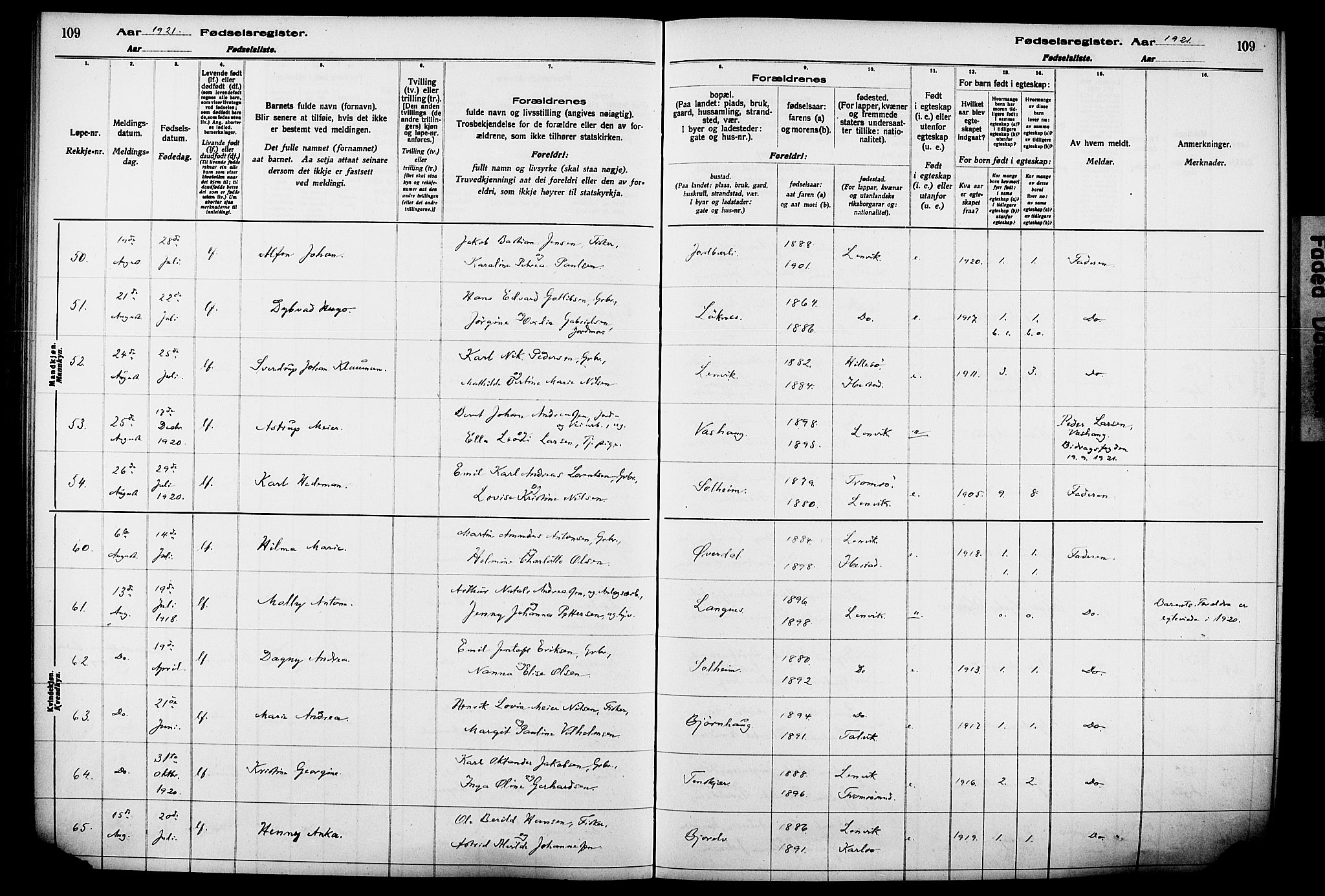 Lenvik sokneprestembete, AV/SATØ-S-1310/I/Ic/L0089: Birth register no. 89, 1916-1926, p. 109