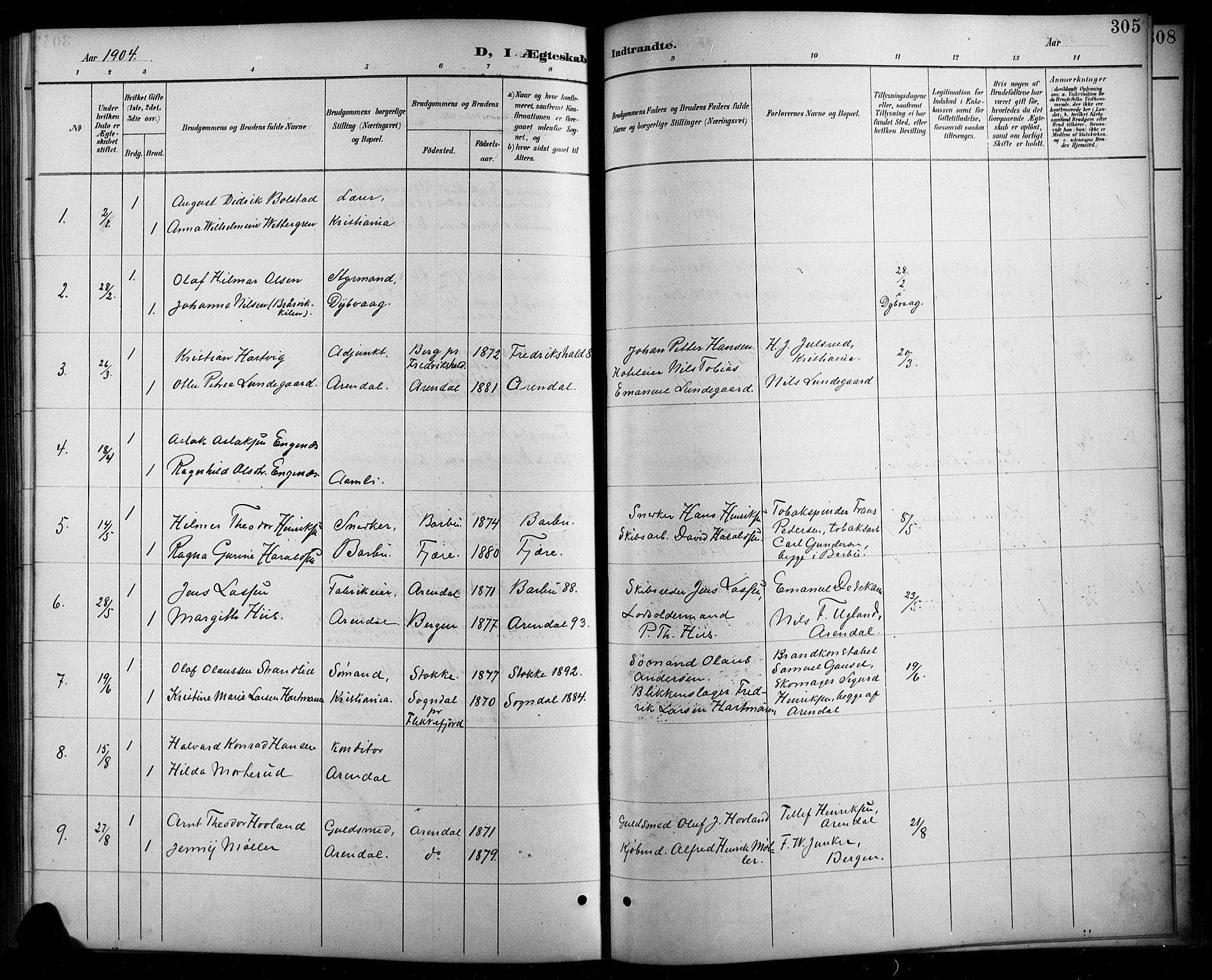 Arendal sokneprestkontor, Trefoldighet, SAK/1111-0040/F/Fb/L0006: Parish register (copy) no. B 6, 1889-1916, p. 305