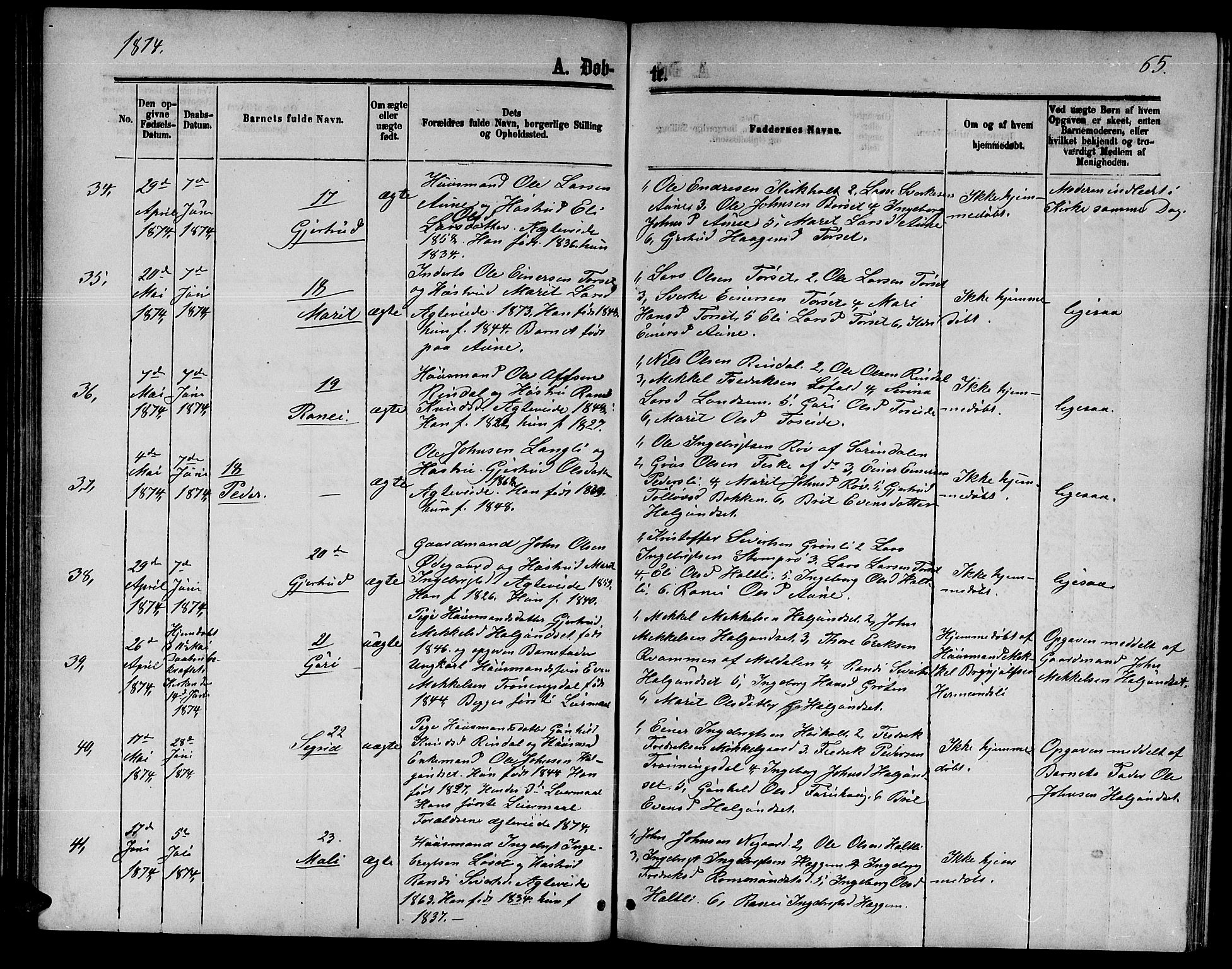 Ministerialprotokoller, klokkerbøker og fødselsregistre - Møre og Romsdal, AV/SAT-A-1454/598/L1076: Parish register (copy) no. 598C01, 1867-1878, p. 65