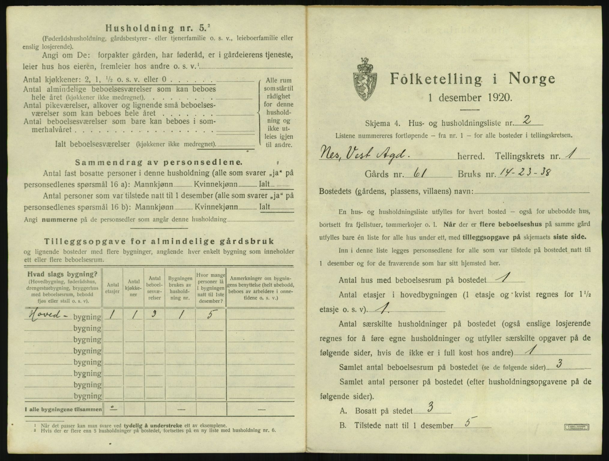 SAK, 1920 census for Nes (V-A), 1920, p. 62