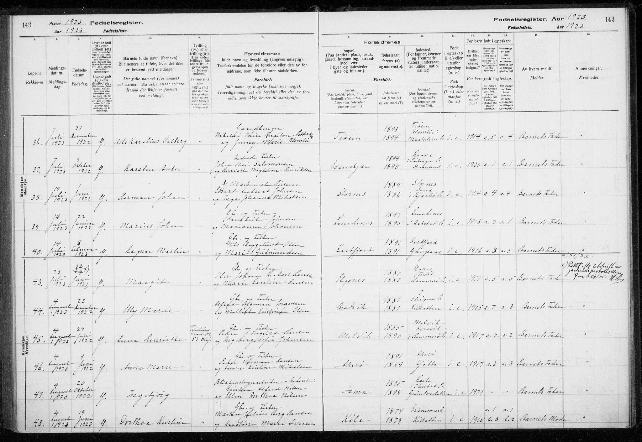 Trondenes sokneprestkontor, AV/SATØ-S-1319/I/Ia/L0089: Birth register no. 89, 1916-1925, p. 143