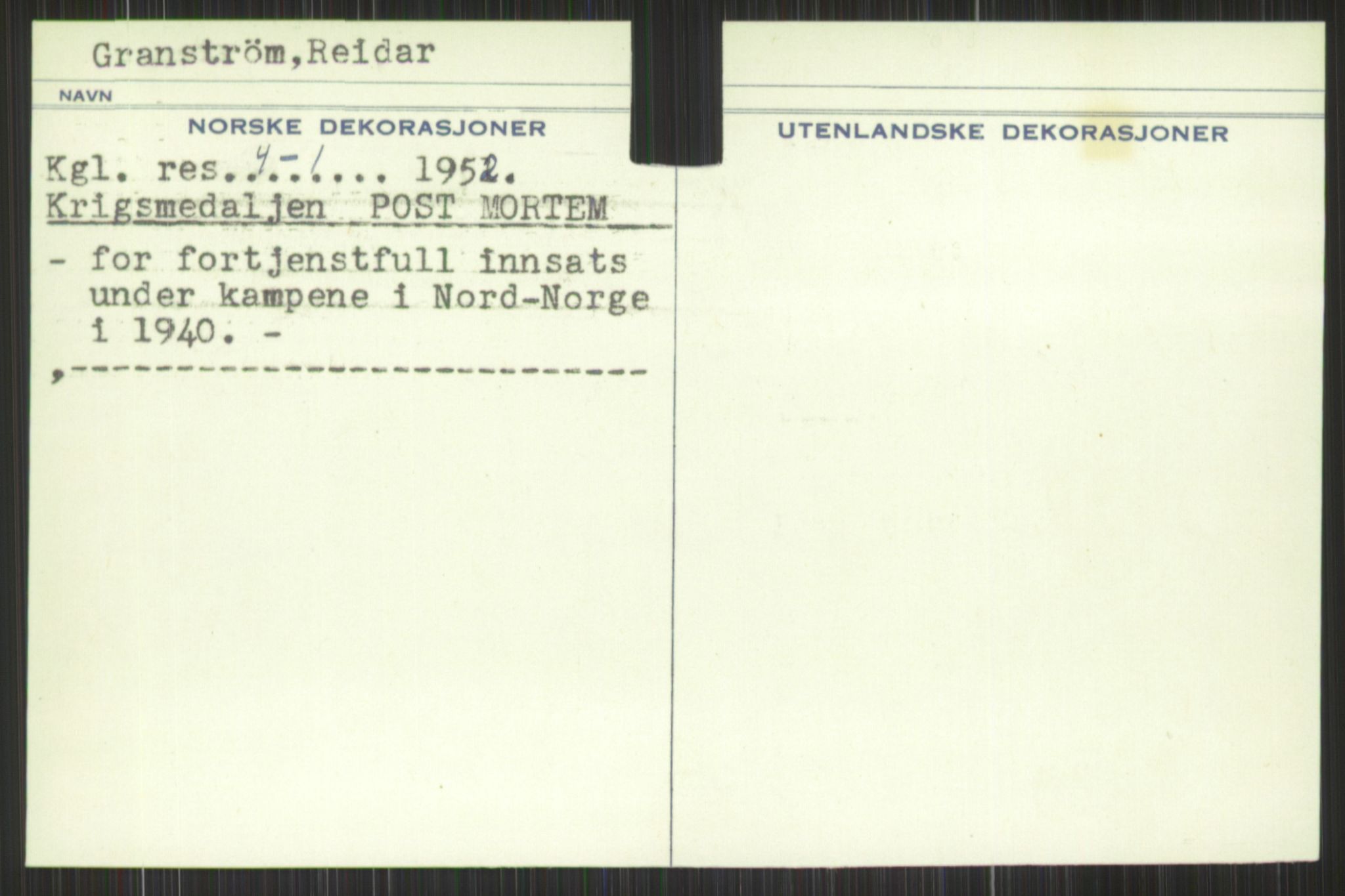 Forsvaret, Krigsdekorasjonskanselliet, AV/RA-RAFA-5156/G/Gd/L0001: Diverse registre, 1944-1956, p. 593