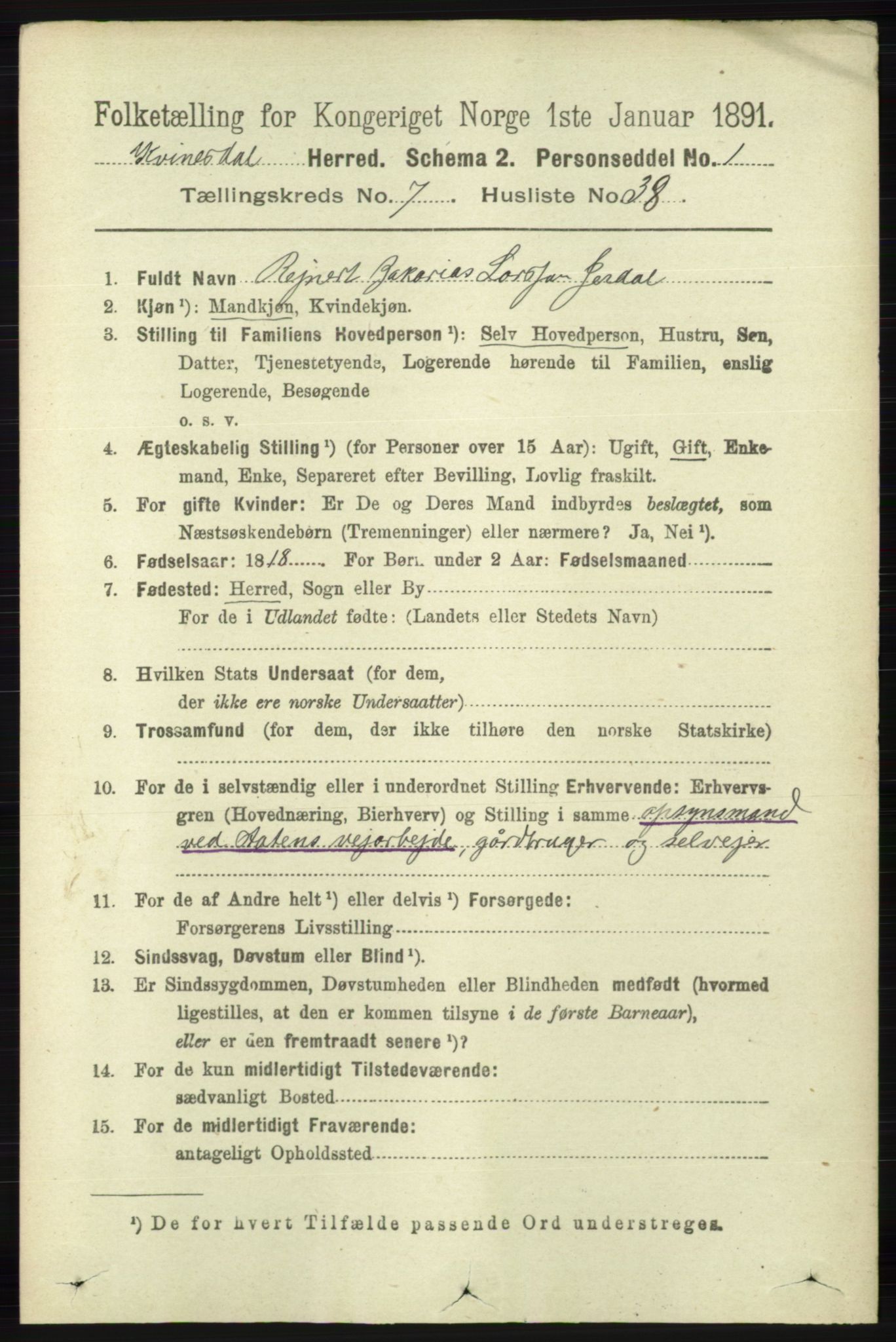 RA, 1891 census for 1037 Kvinesdal, 1891, p. 2648