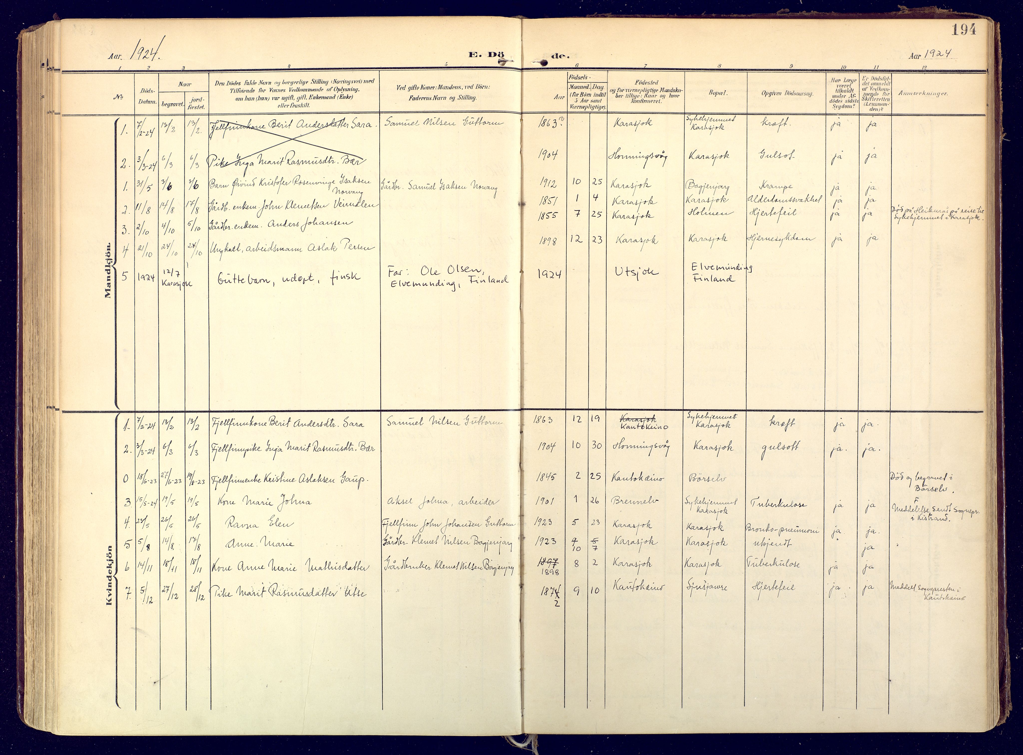 Karasjok sokneprestkontor, SATØ/S-1352/H/Ha: Parish register (official) no. 3, 1907-1926, p. 194