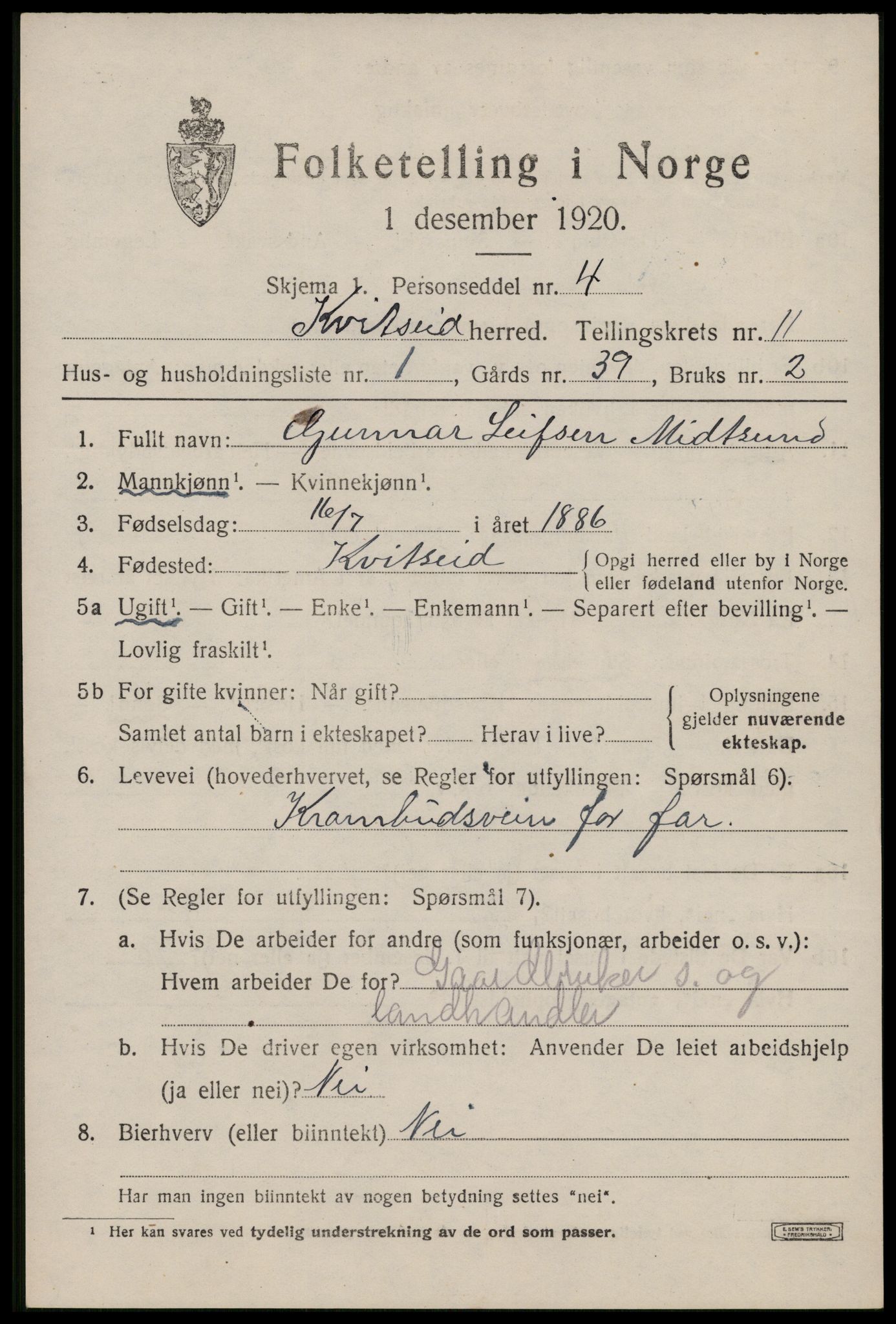 SAKO, 1920 census for Kviteseid, 1920, p. 5241