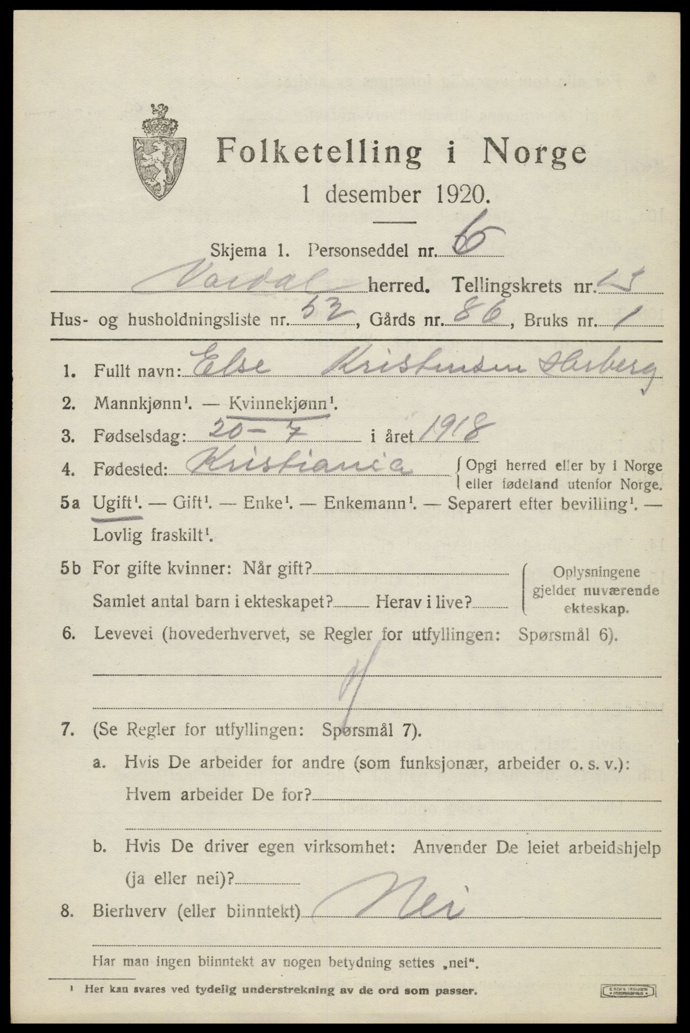 SAH, 1920 census for Vardal, 1920, p. 14395