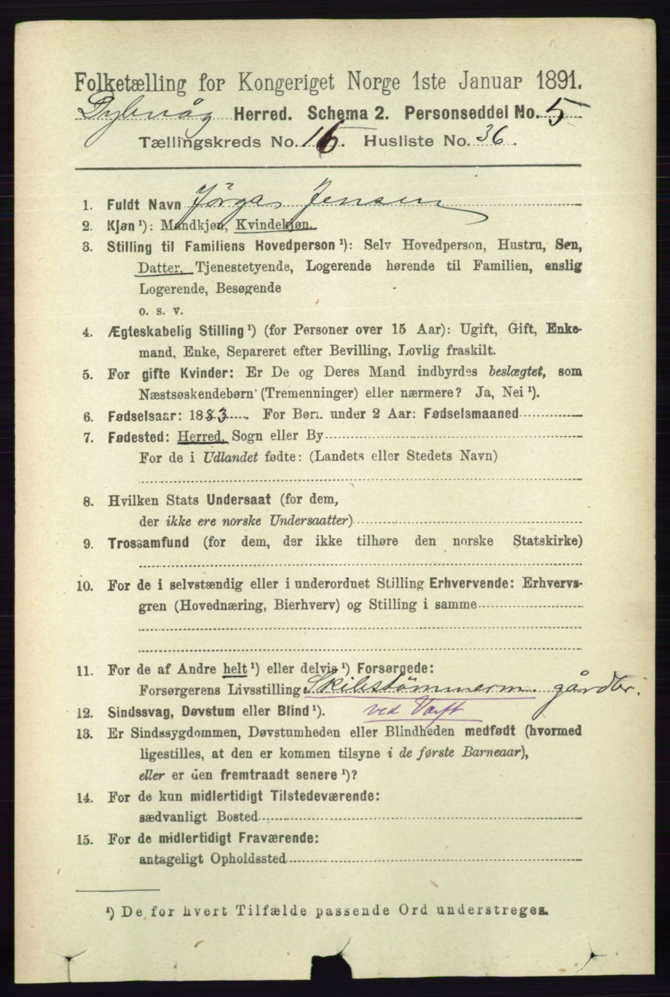 RA, 1891 census for 0915 Dypvåg, 1891, p. 6627
