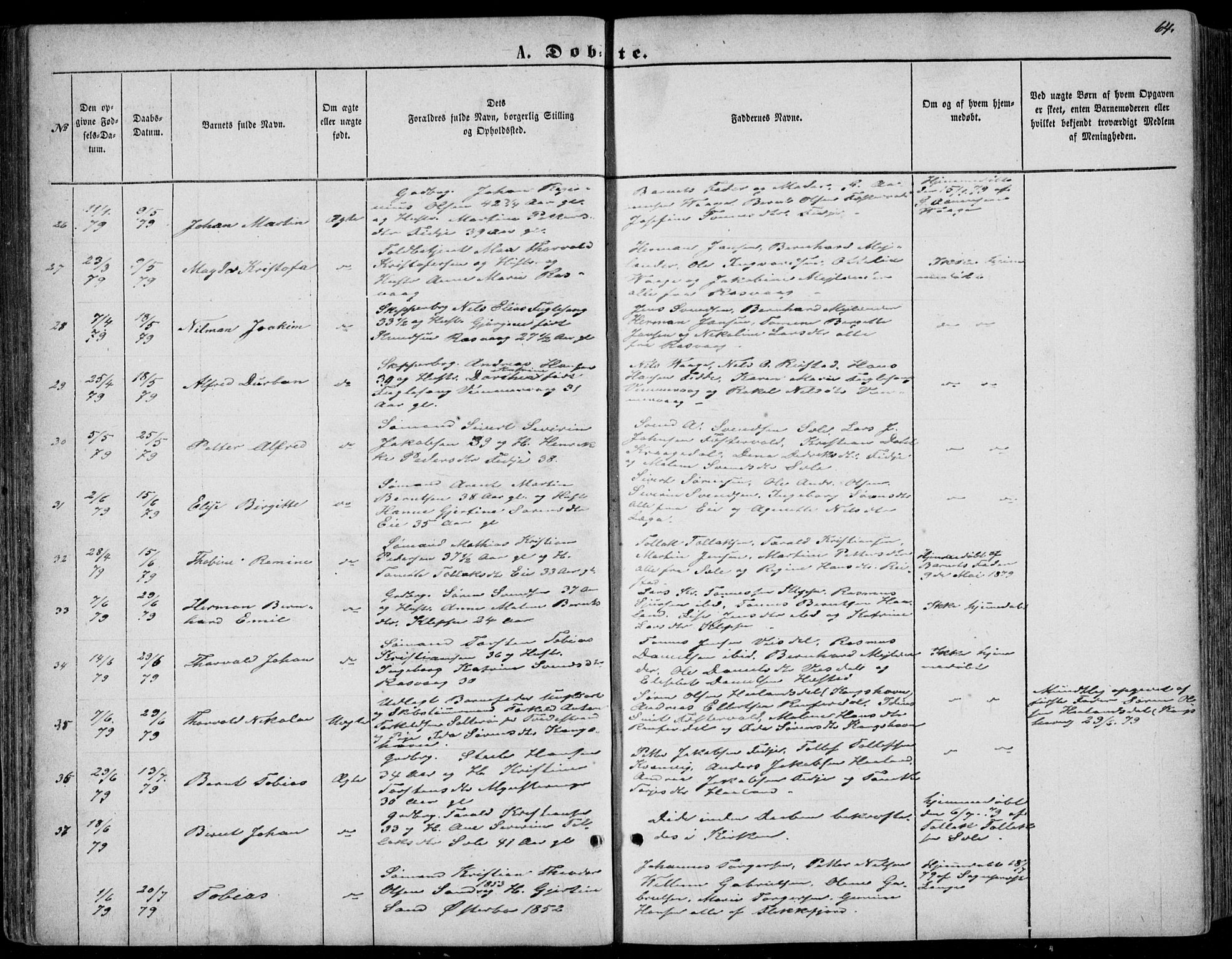 Flekkefjord sokneprestkontor, AV/SAK-1111-0012/F/Fb/Fbb/L0003: Parish register (copy) no. B 3, 1867-1889, p. 64