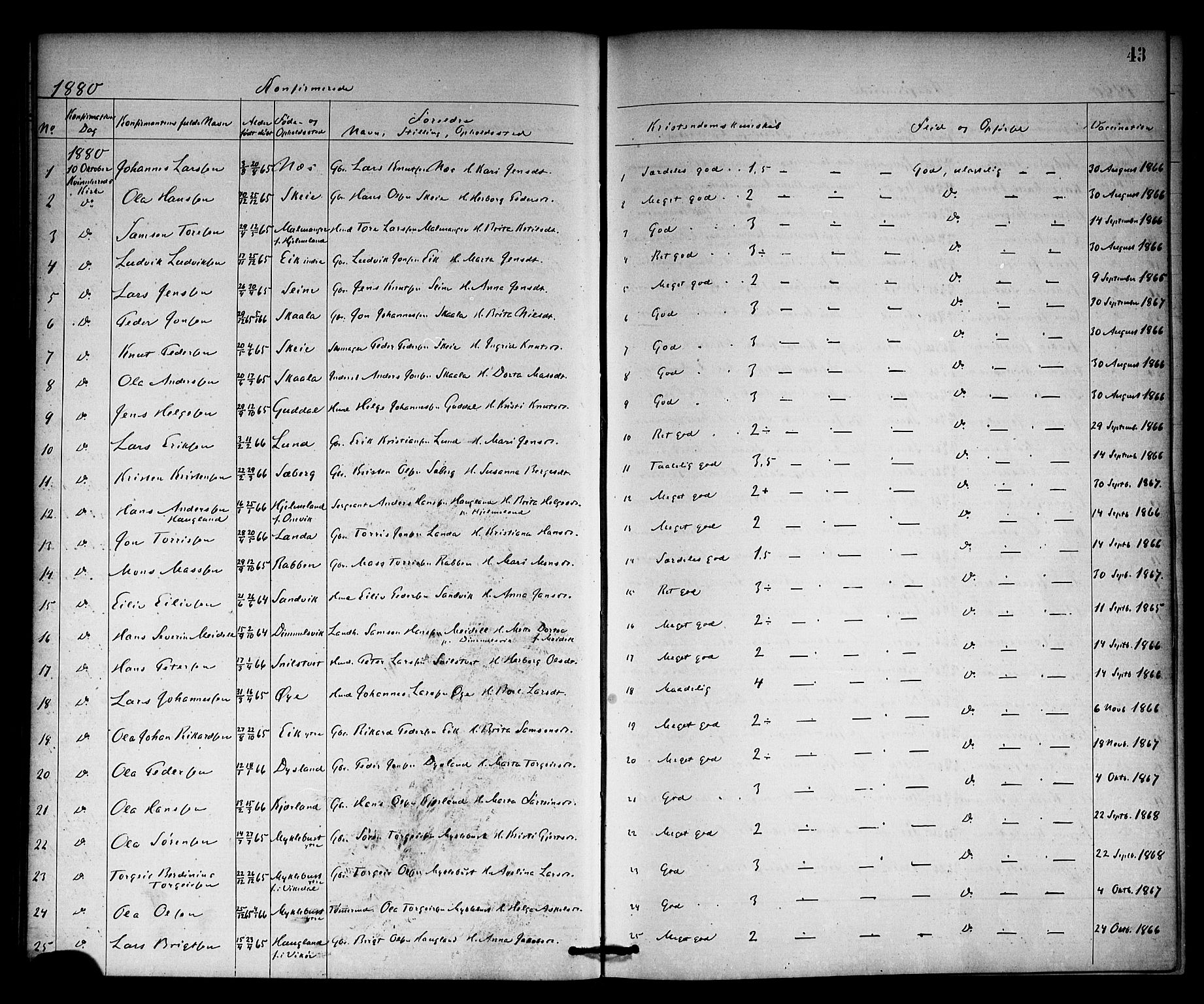 Kvinnherad sokneprestembete, SAB/A-76401/H/Haa: Parish register (official) no. A 10, 1867-1886, p. 43