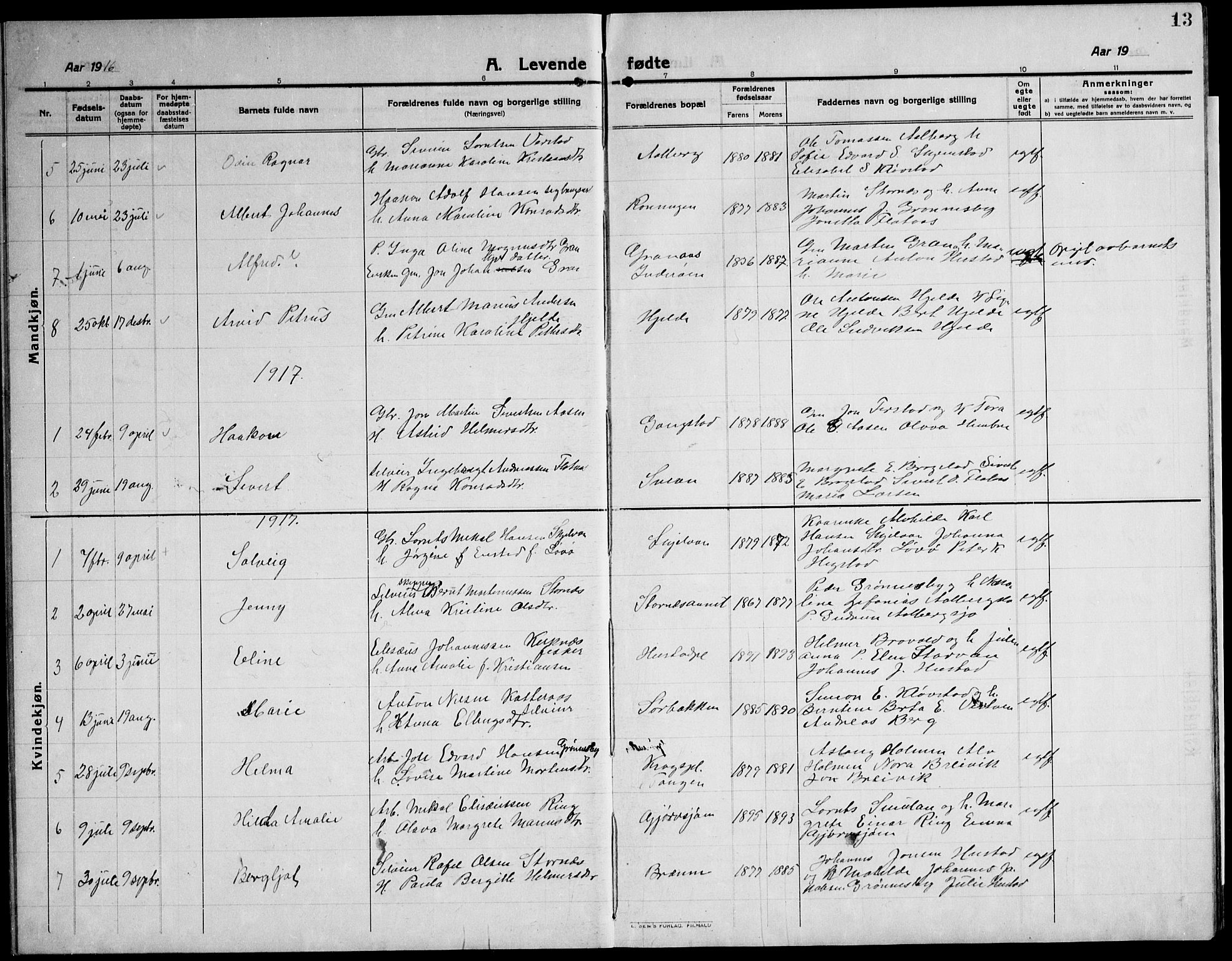Ministerialprotokoller, klokkerbøker og fødselsregistre - Nord-Trøndelag, SAT/A-1458/732/L0319: Parish register (copy) no. 732C03, 1911-1945, p. 13