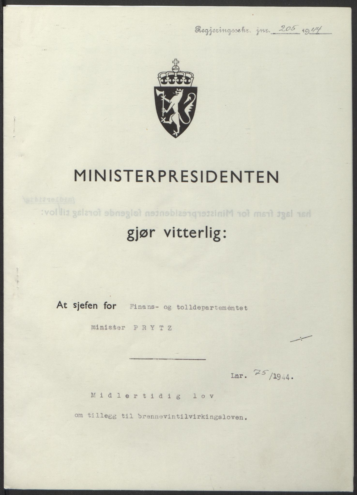 NS-administrasjonen 1940-1945 (Statsrådsekretariatet, de kommisariske statsråder mm), AV/RA-S-4279/D/Db/L0100: Lover, 1944, p. 354