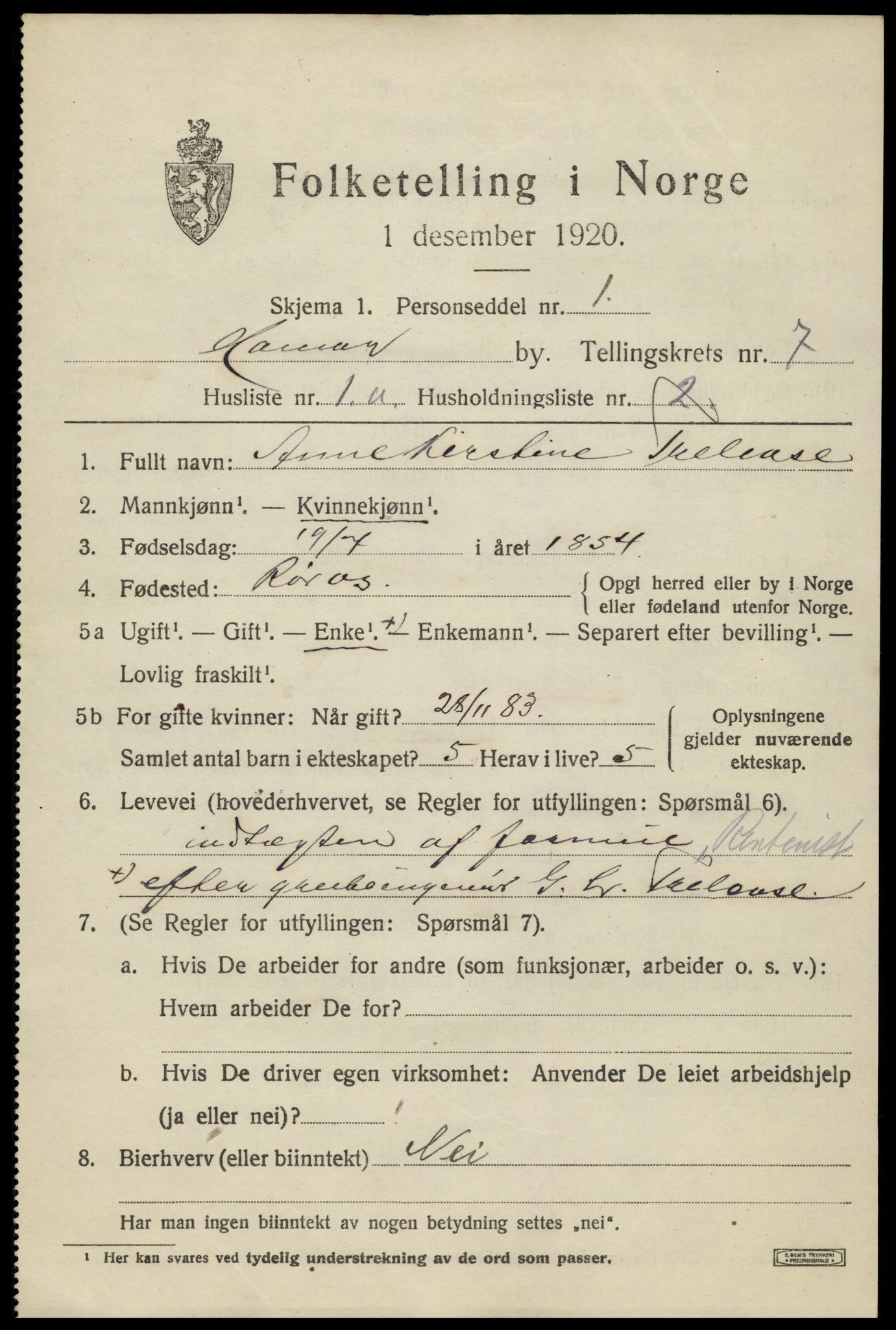 SAH, 1920 census for Hamar, 1920, p. 12705