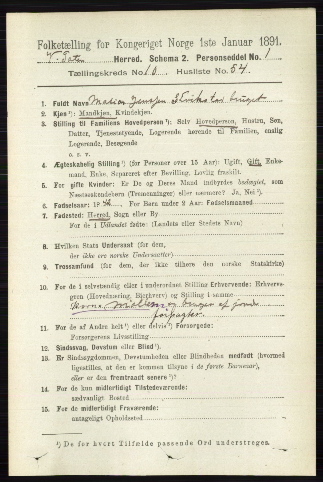 RA, 1891 census for 0529 Vestre Toten, 1891, p. 6516