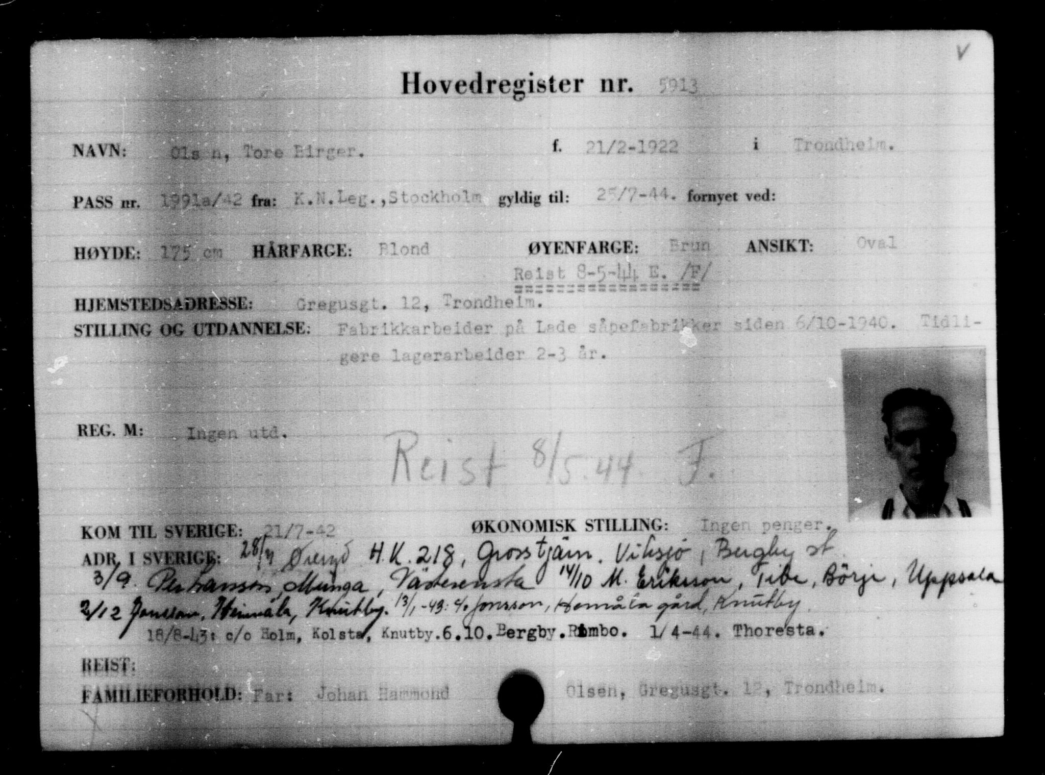 Utenriksstasjonene, Legasjonen i Stockholm, Flyktningkontoret, AV/RA-S-6753/V/Va/L0004: Kjesäterkartoteket, flyktninger med registreringsnr. 3496-6610, 1940-1945, p. 2816