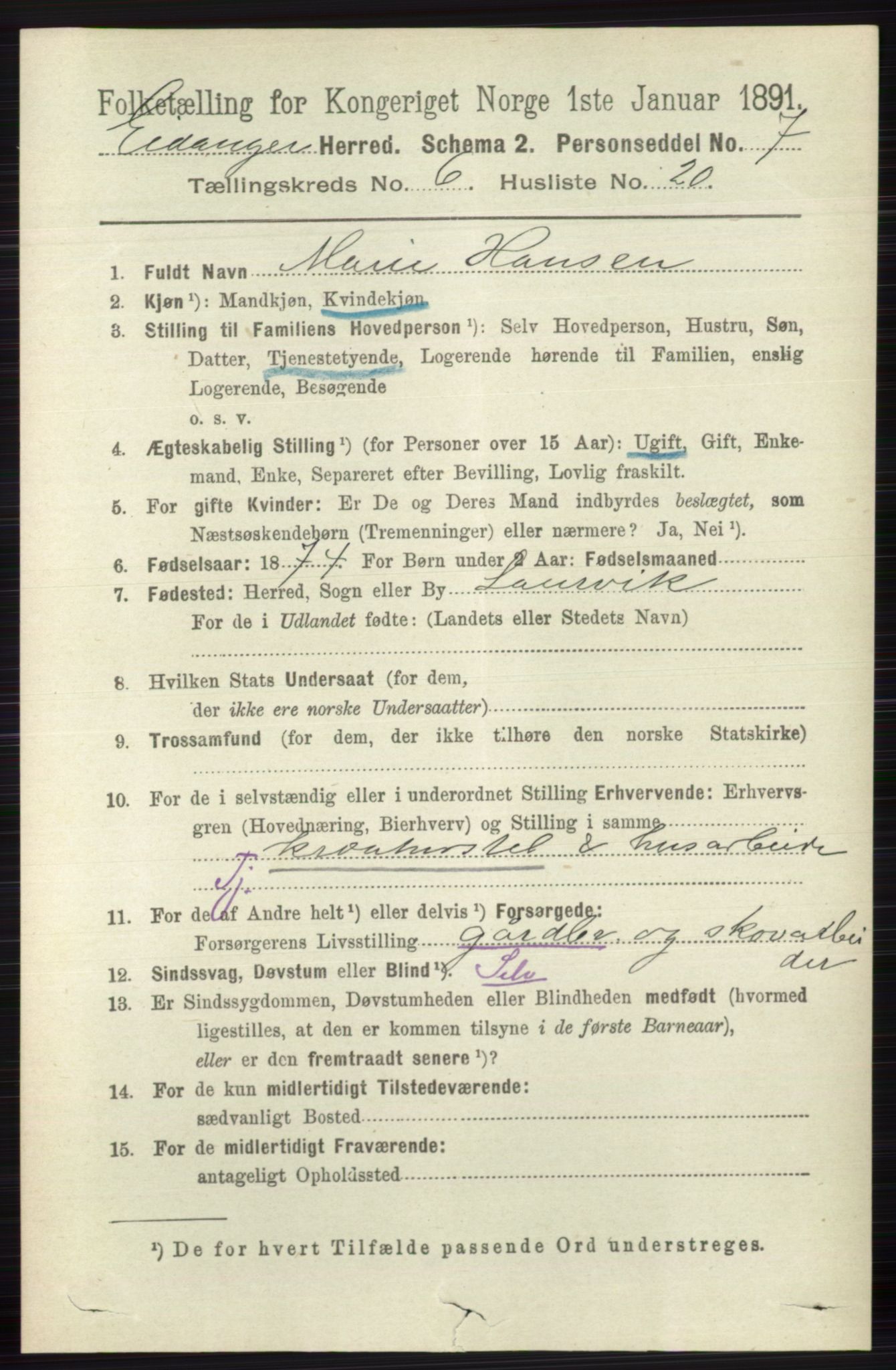 RA, 1891 census for 0813 Eidanger, 1891, p. 2720