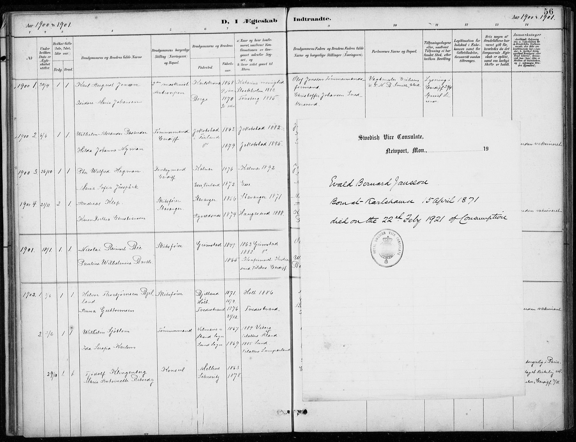 Den norske sjømannsmisjon i utlandet/Bristolhavnene(Cardiff-Swansea), SAB/SAB/PA-0102/H/Ha/Haa/L0002: Parish register (official) no. A 2, 1887-1932, p. 56