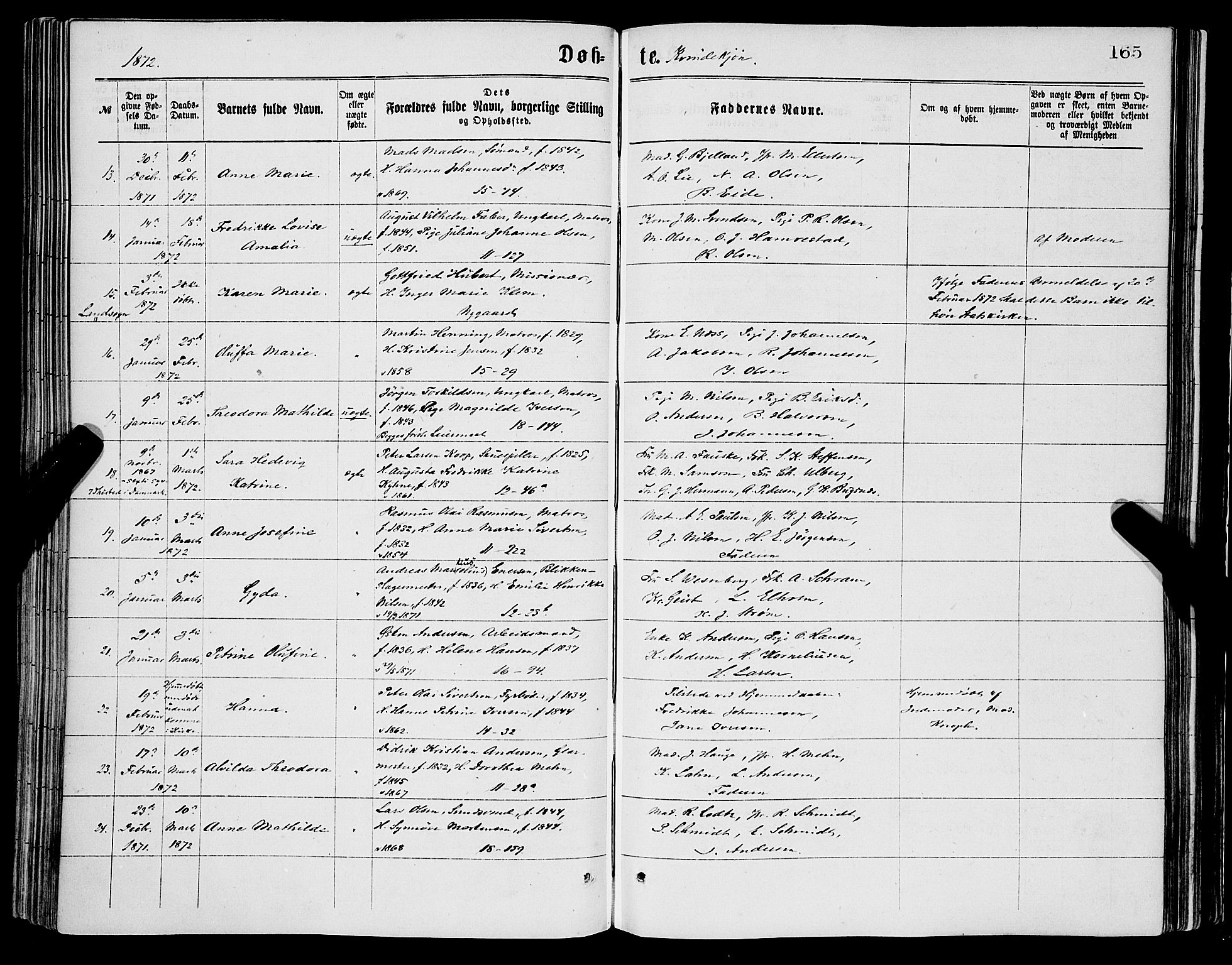 Domkirken sokneprestembete, SAB/A-74801/H/Haa/L0022: Parish register (official) no. B 5, 1872-1878, p. 165