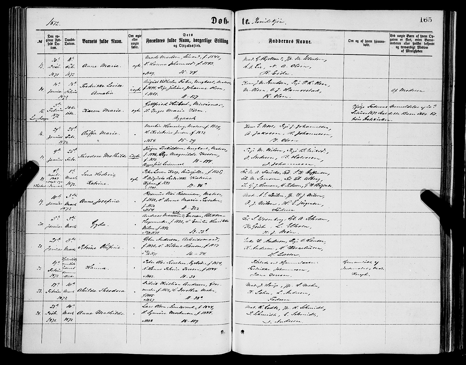 Domkirken sokneprestembete, AV/SAB-A-74801/H/Haa/L0022: Parish register (official) no. B 5, 1872-1878, p. 165