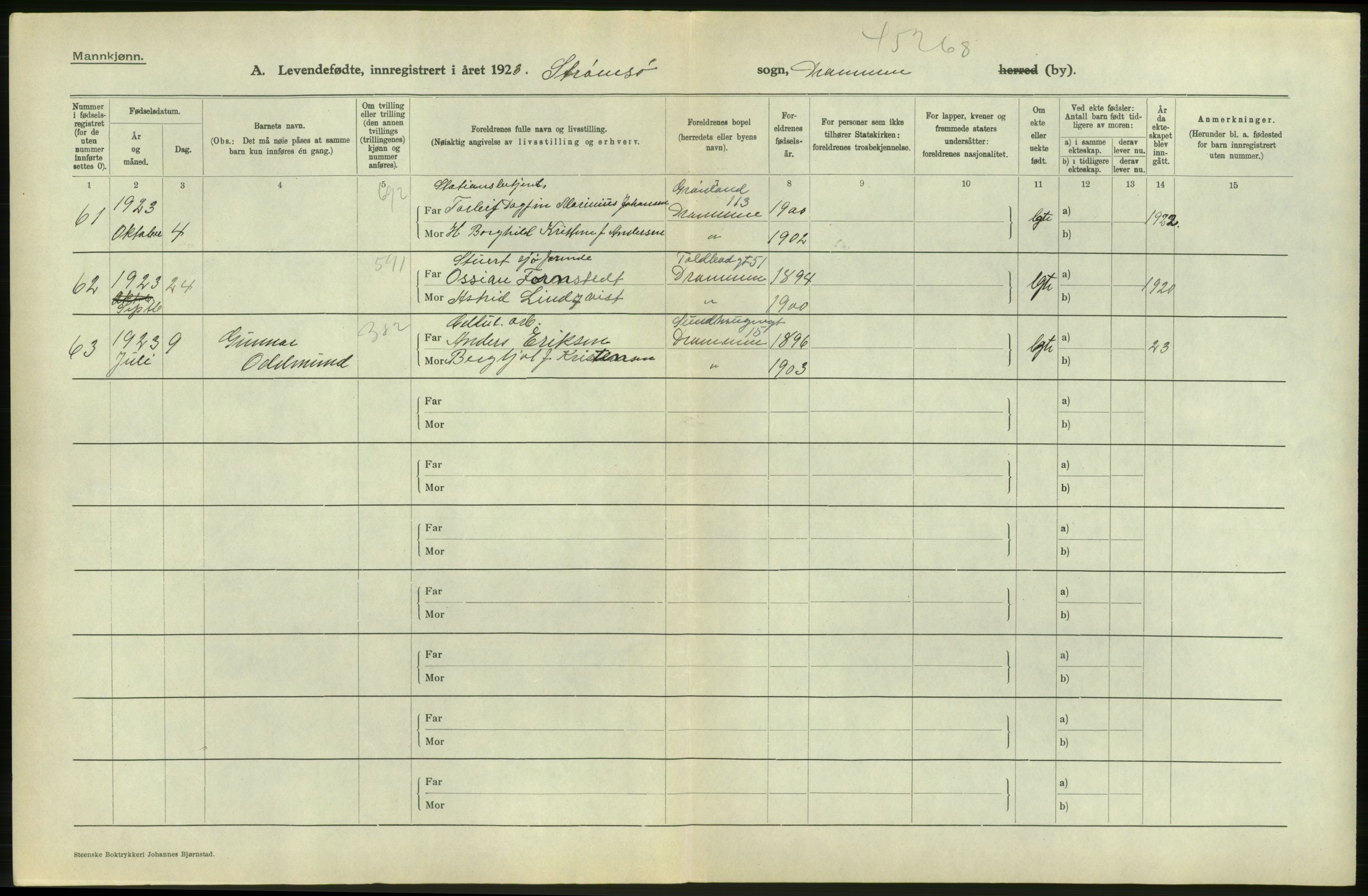 Statistisk sentralbyrå, Sosiodemografiske emner, Befolkning, AV/RA-S-2228/D/Df/Dfc/Dfcc/L0015: Buskerud fylke: Levendefødte menn og kvinner. Bygder og byer., 1923, p. 92