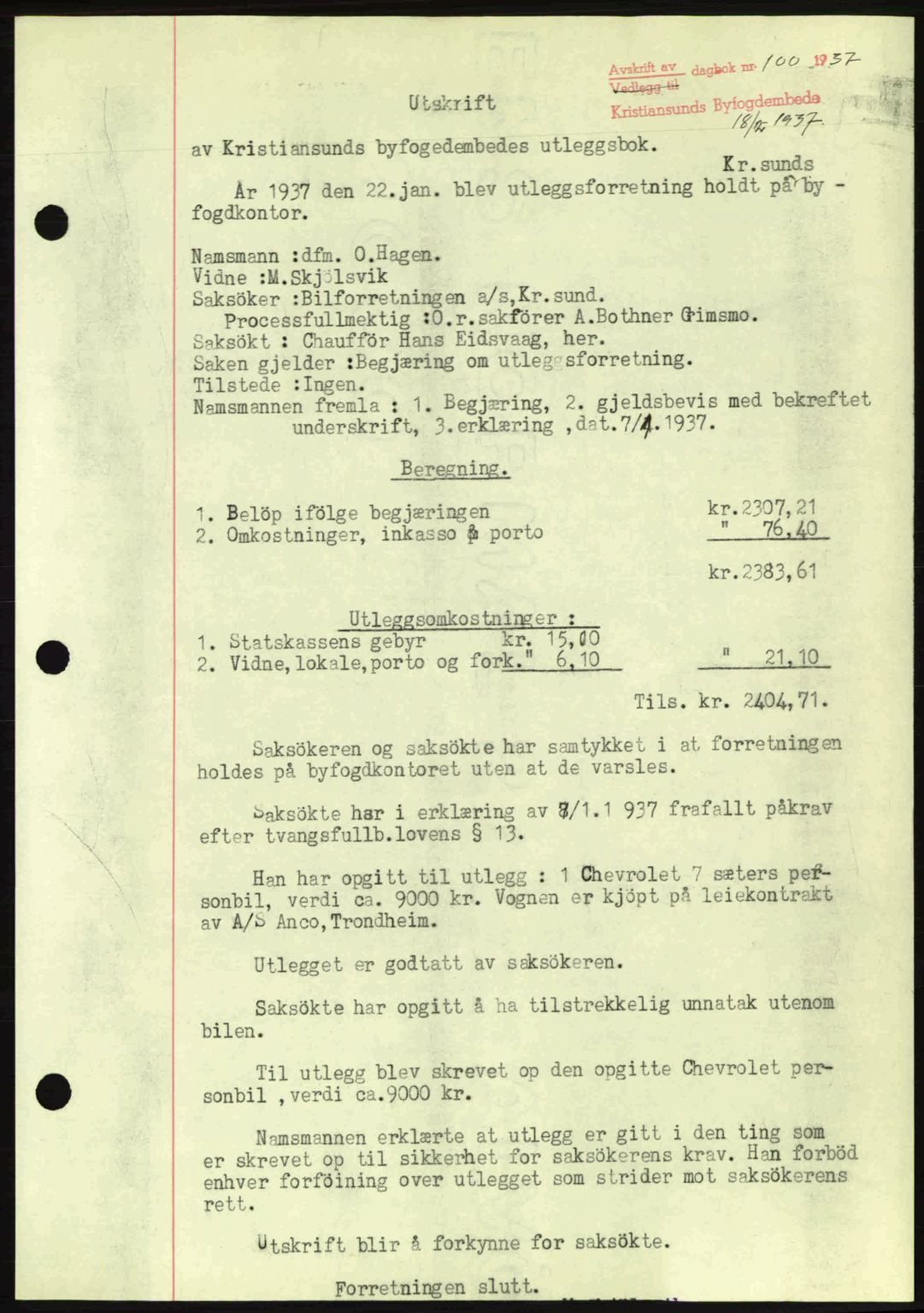 Kristiansund byfogd, AV/SAT-A-4587/A/27: Mortgage book no. 29, 1936-1937, Diary no: : 100/1937