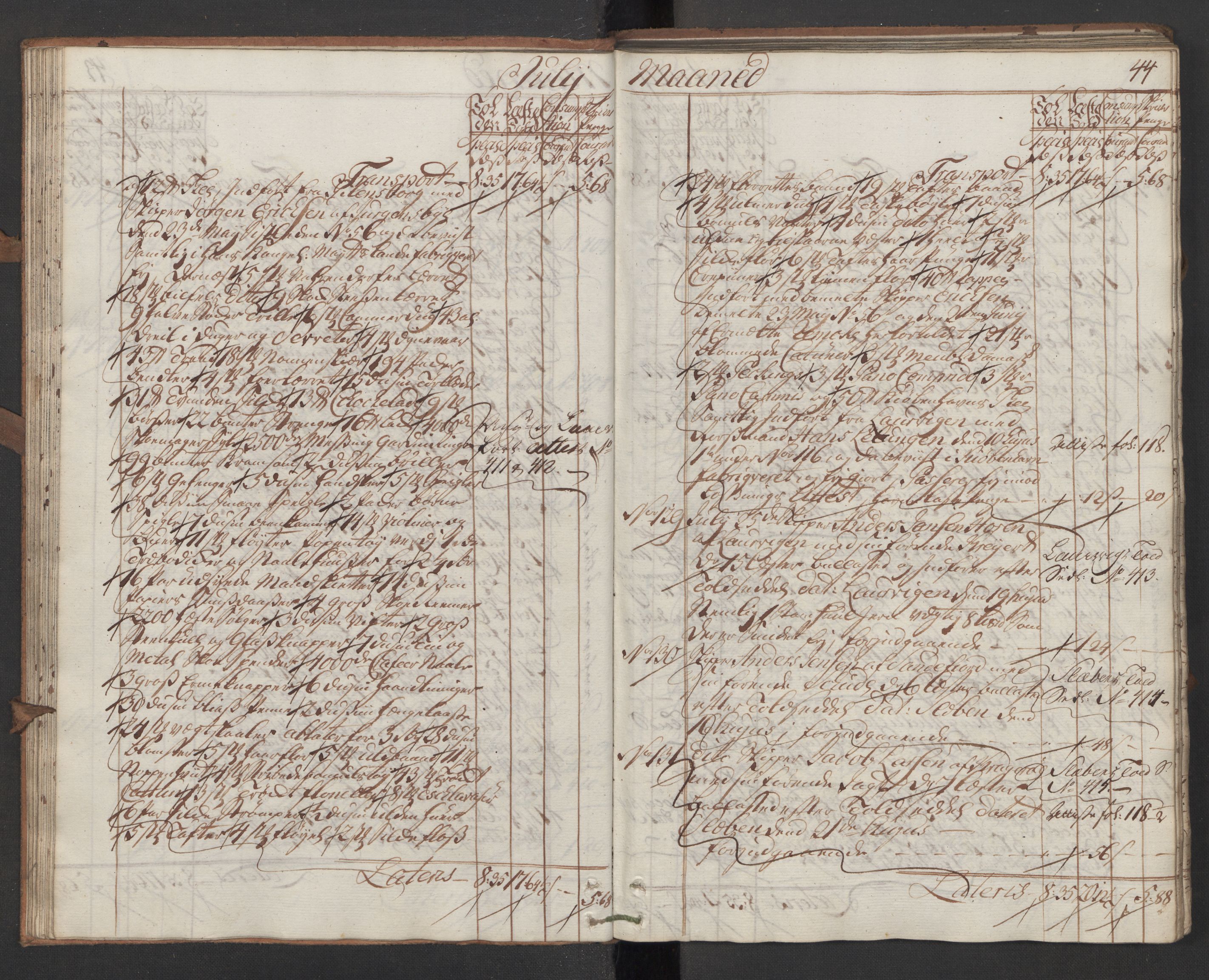 Generaltollkammeret, tollregnskaper, AV/RA-EA-5490/R13/L0028/0001: Tollregnskaper Kragerø / Inngående hovedtollbok, 1760, p. 43b-44a