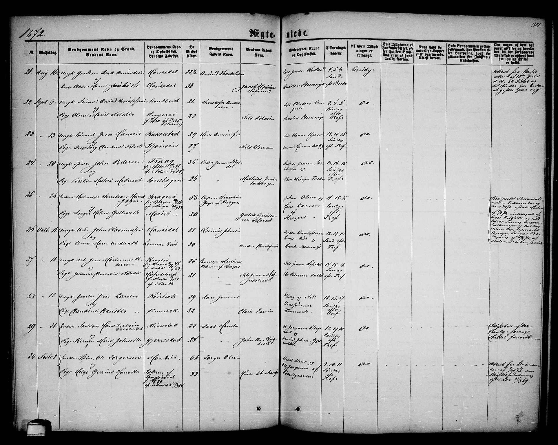 Bamble kirkebøker, SAKO/A-253/G/Ga/L0006: Parish register (copy) no. I 6, 1860-1876, p. 301