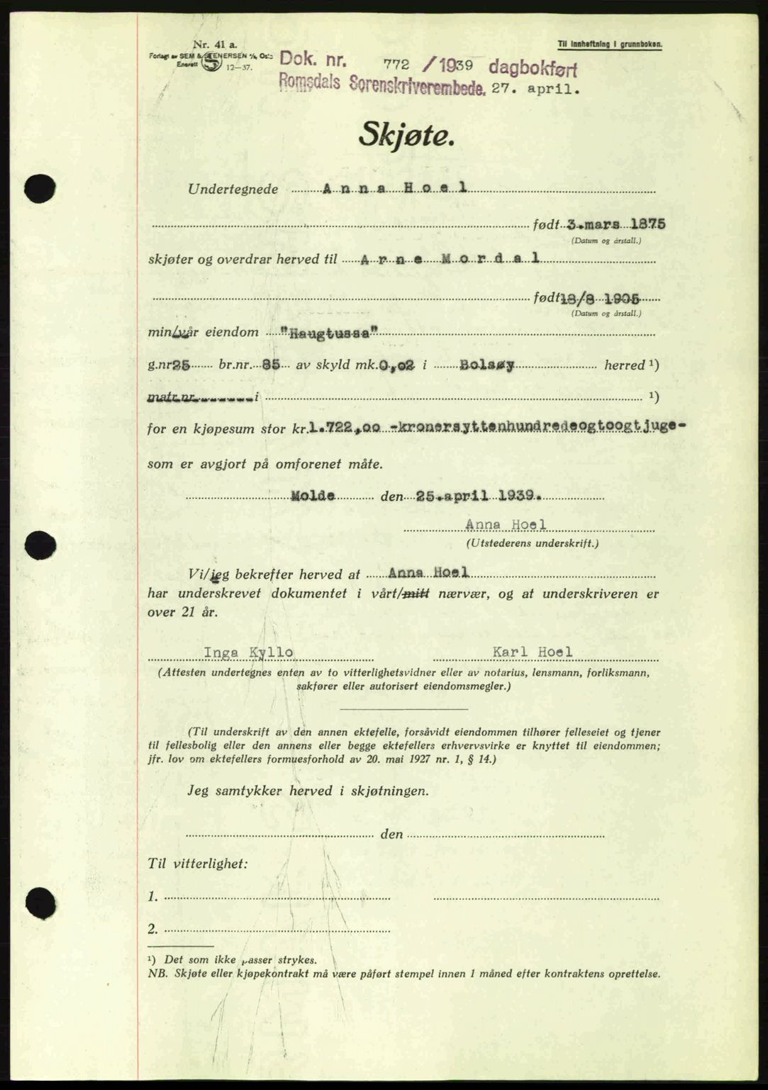 Romsdal sorenskriveri, AV/SAT-A-4149/1/2/2C: Mortgage book no. A6, 1938-1939, Diary no: : 772/1939