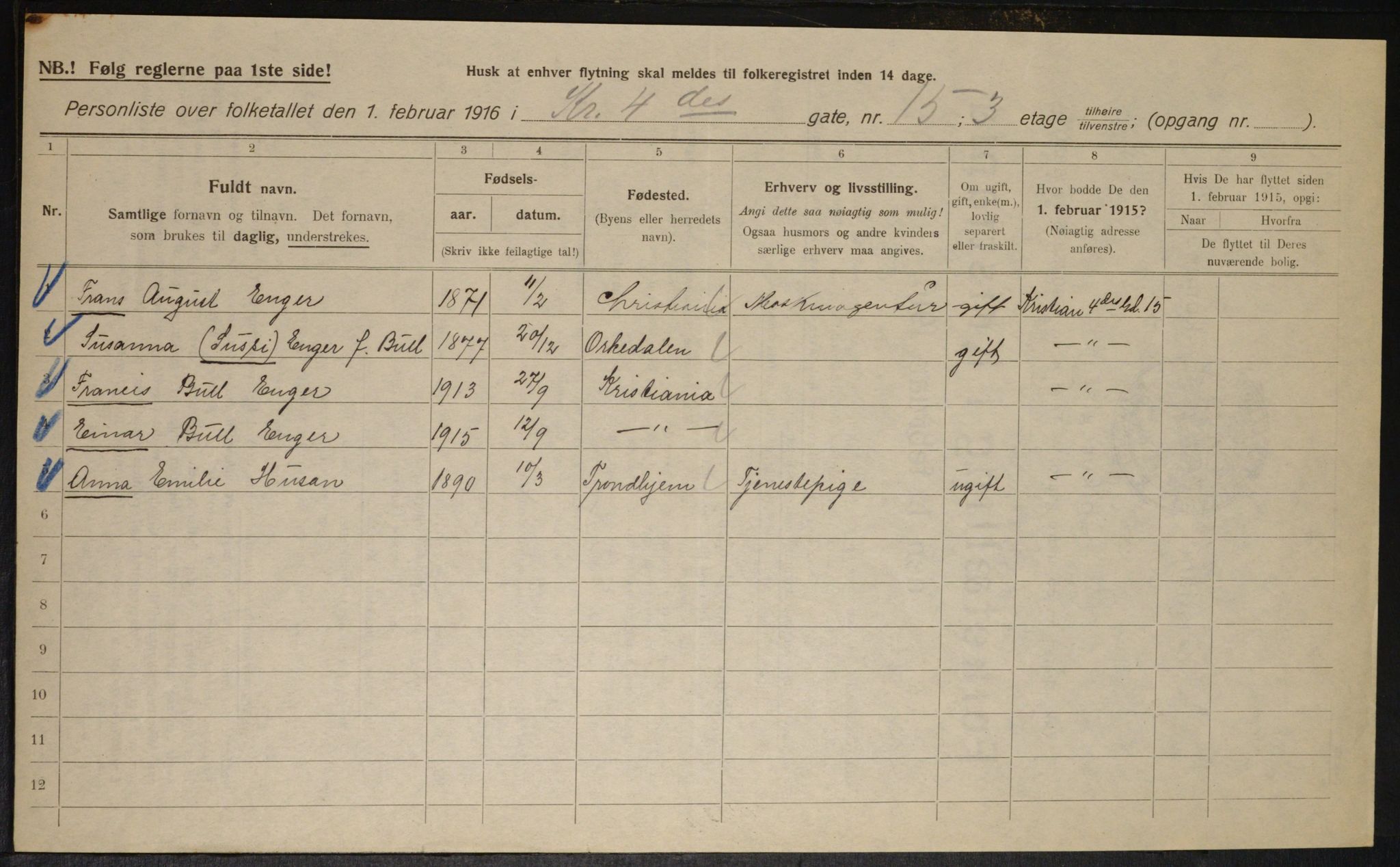 OBA, Municipal Census 1916 for Kristiania, 1916, p. 55376