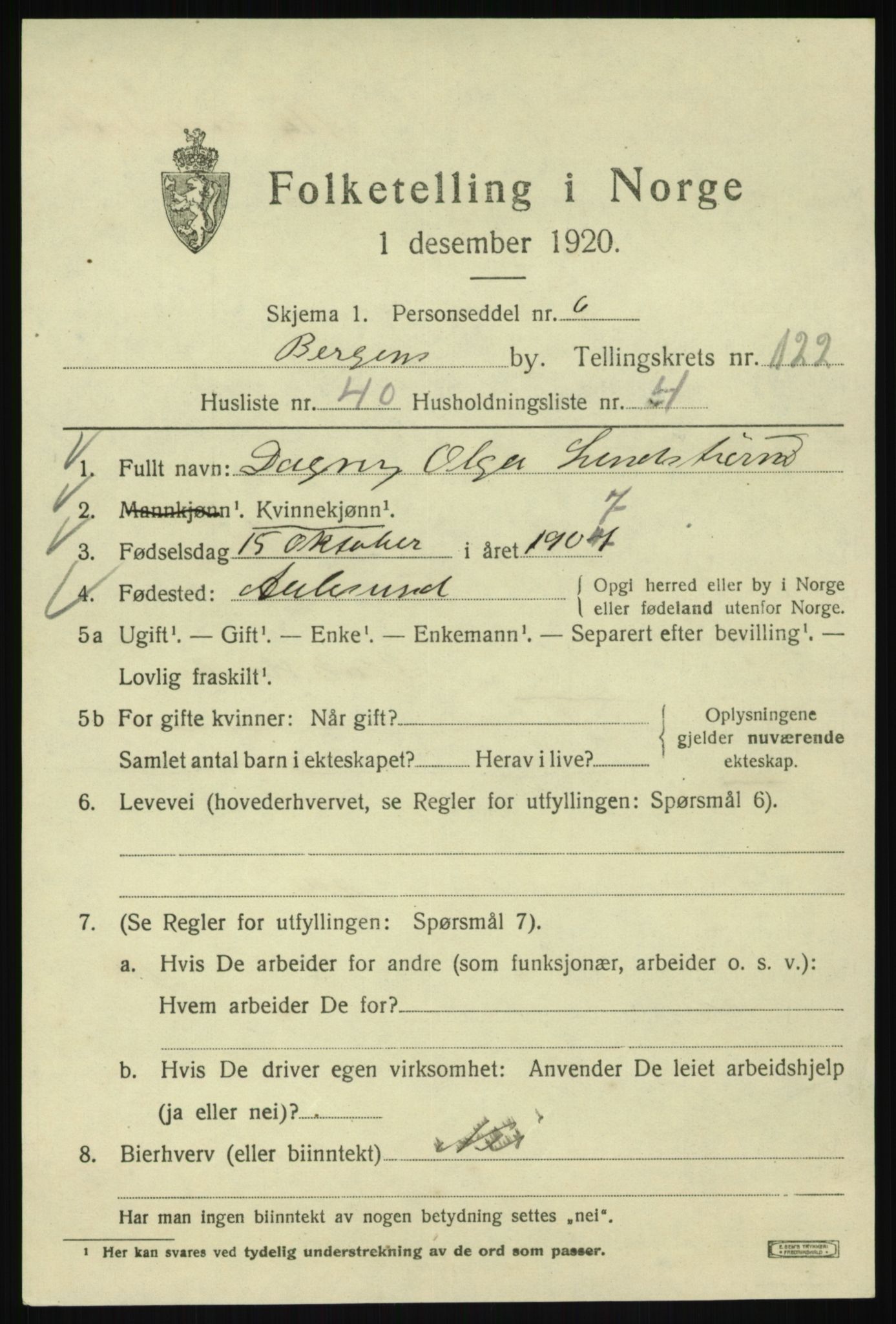 SAB, 1920 census for Bergen, 1920, p. 206510