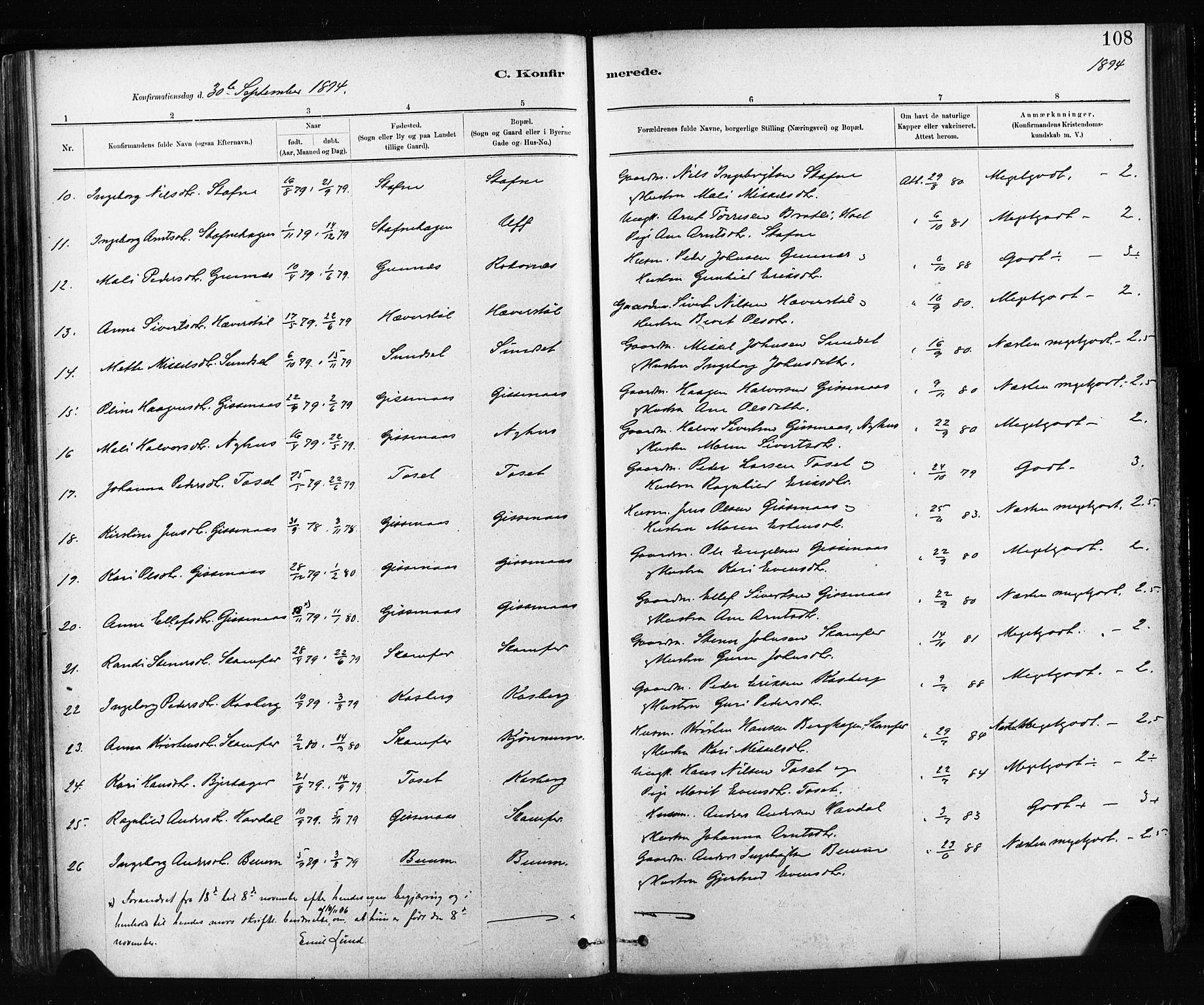 Ministerialprotokoller, klokkerbøker og fødselsregistre - Sør-Trøndelag, SAT/A-1456/674/L0871: Parish register (official) no. 674A03, 1880-1896, p. 108