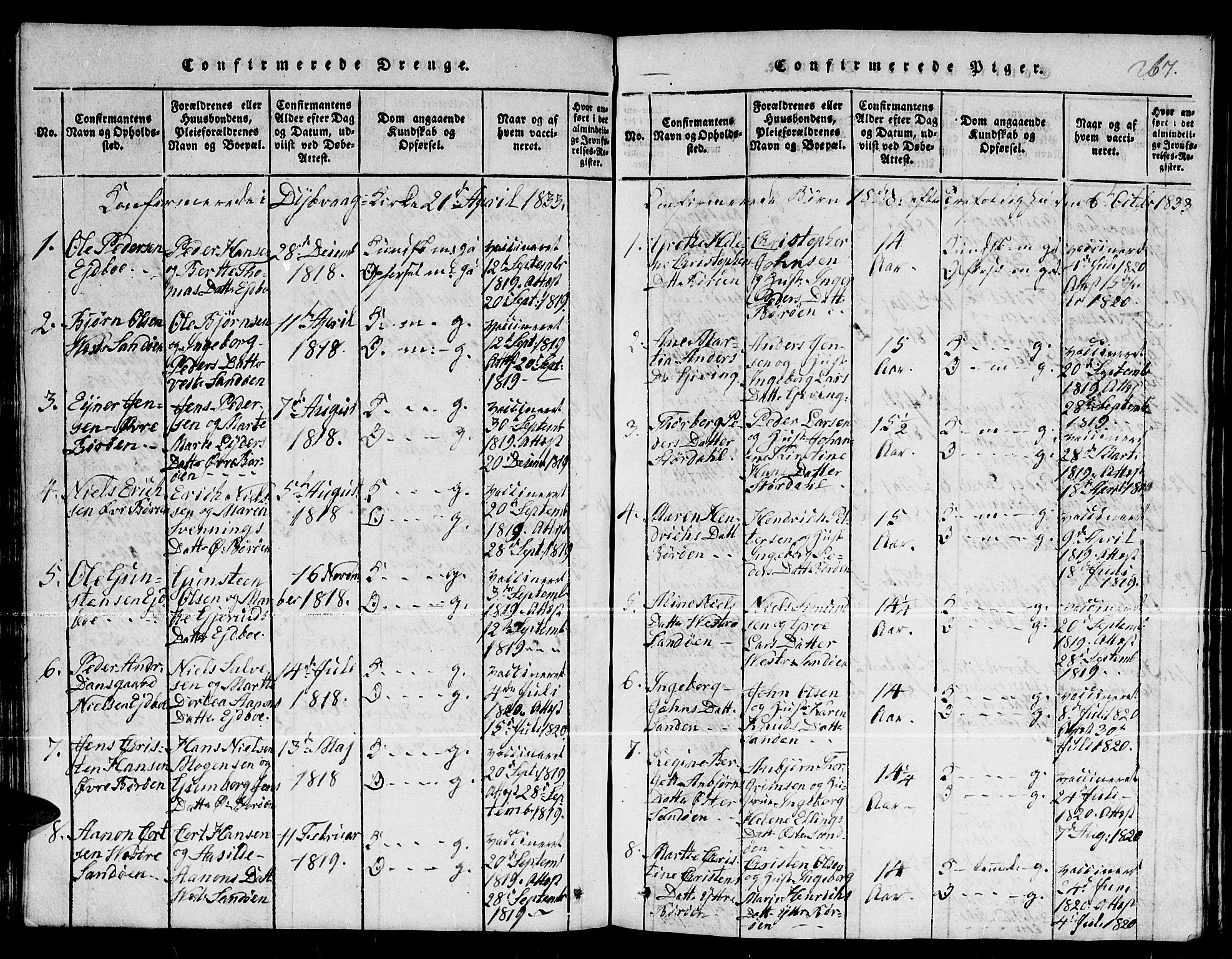 Dypvåg sokneprestkontor, SAK/1111-0007/F/Fb/Fba/L0009: Parish register (copy) no. B 9, 1816-1842, p. 267