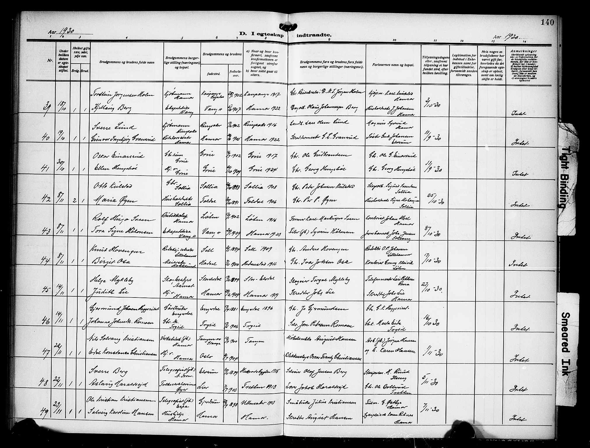 Hamar prestekontor, AV/SAH-DOMPH-002/H/Ha/Hab/L0003: Parish register (copy) no. 3, 1913-1930, p. 140