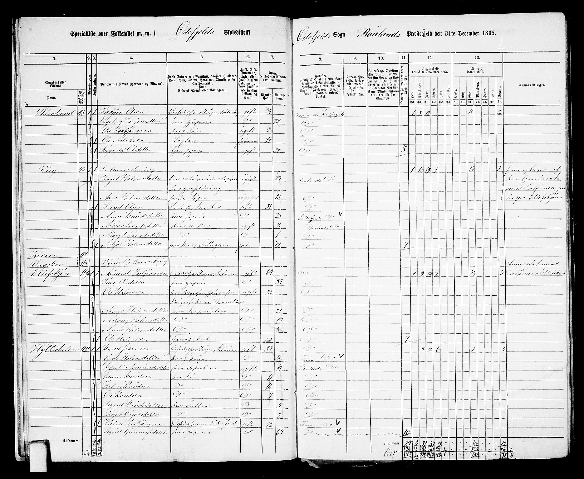 RA, 1865 census for Rauland, 1865, p. 18