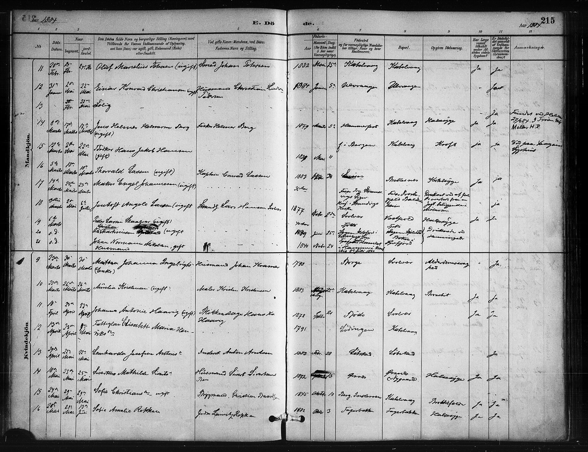 Ministerialprotokoller, klokkerbøker og fødselsregistre - Nordland, AV/SAT-A-1459/874/L1059: Parish register (official) no. 874A03, 1884-1890, p. 215