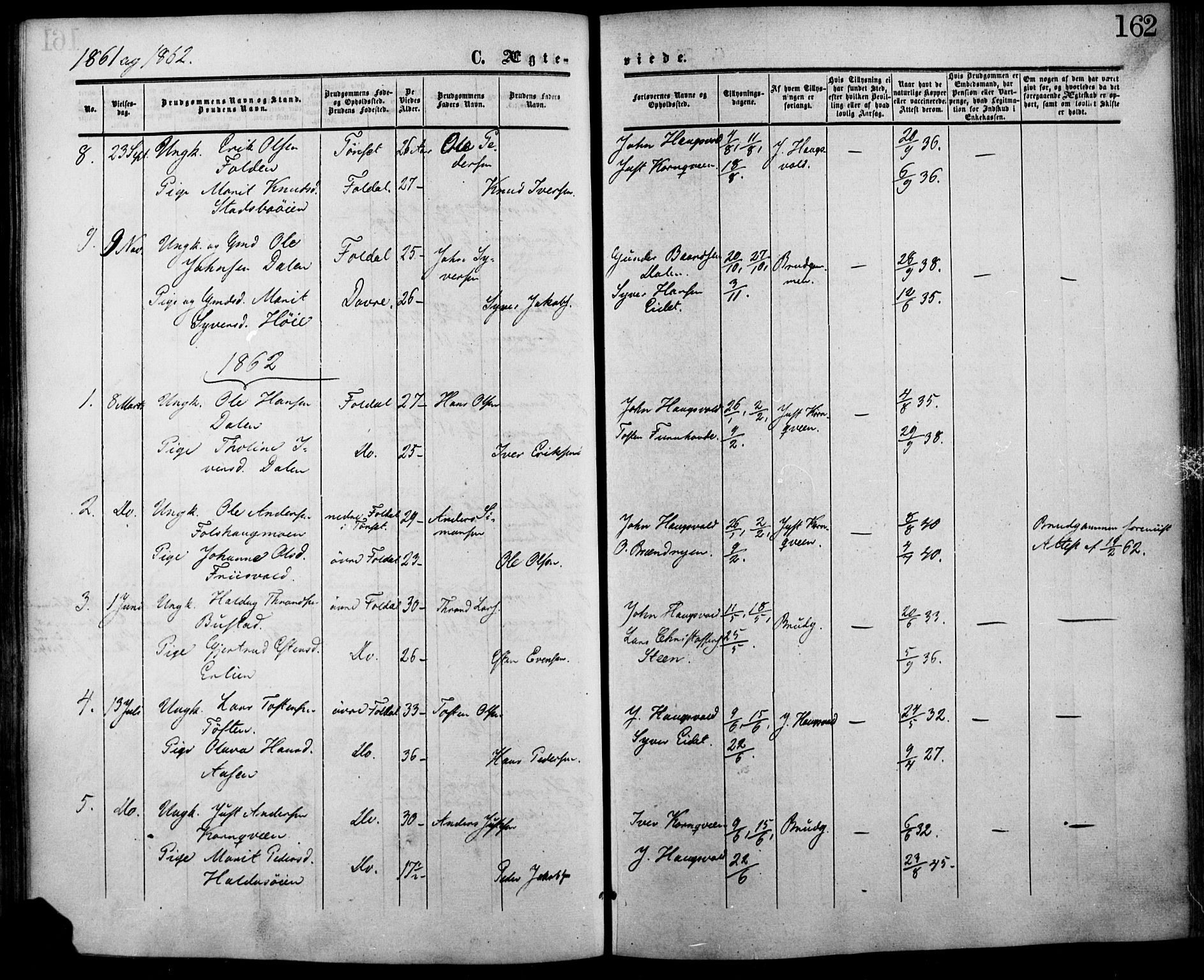 Lesja prestekontor, SAH/PREST-068/H/Ha/Haa/L0007: Parish register (official) no. 7, 1854-1862, p. 162