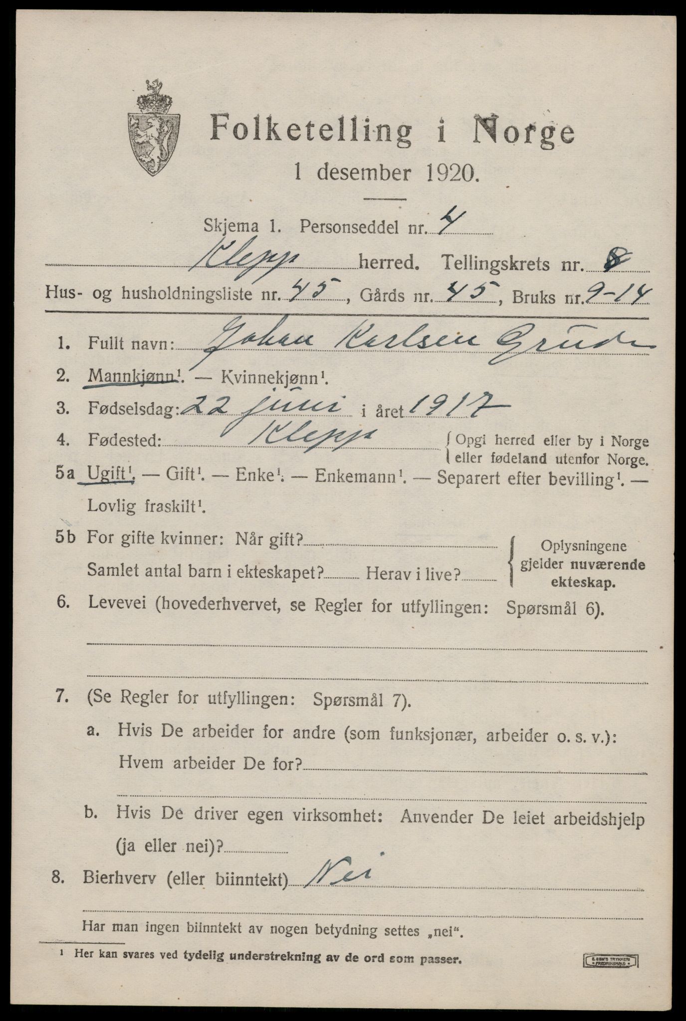 SAST, 1920 census for Klepp, 1920, p. 7550