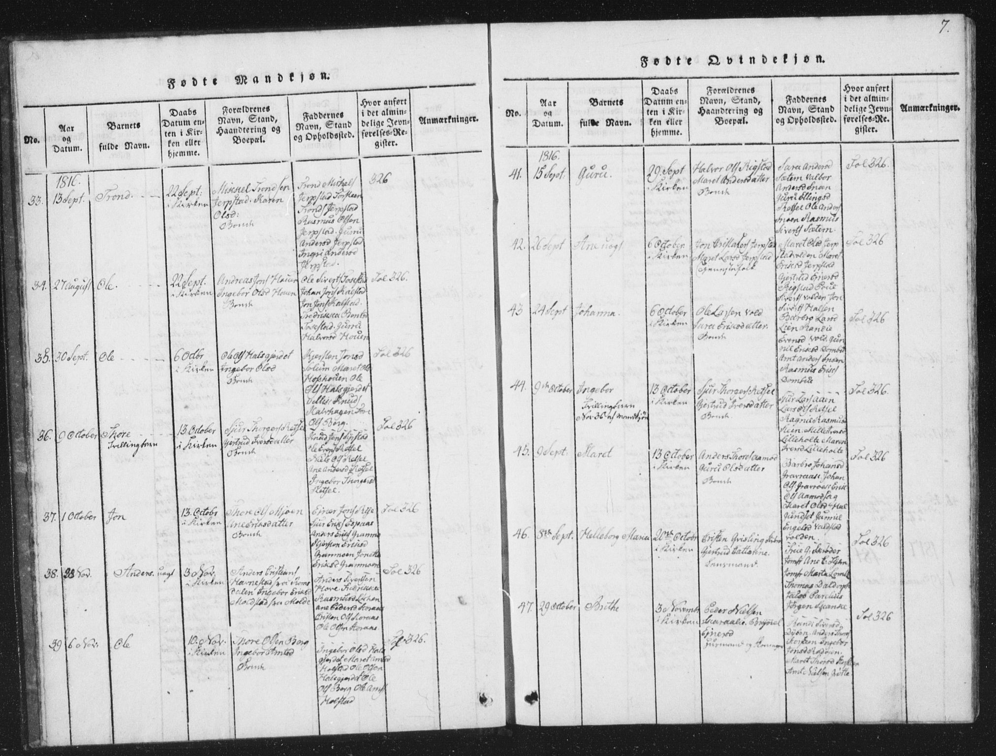Ministerialprotokoller, klokkerbøker og fødselsregistre - Sør-Trøndelag, SAT/A-1456/672/L0862: Parish register (copy) no. 672C01, 1816-1831, p. 7
