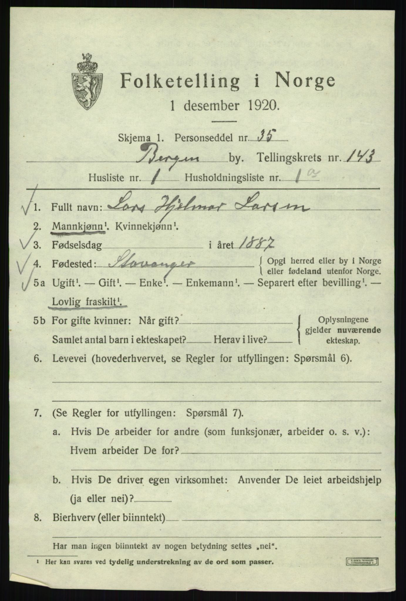 SAB, 1920 census for Bergen, 1920, p. 237924