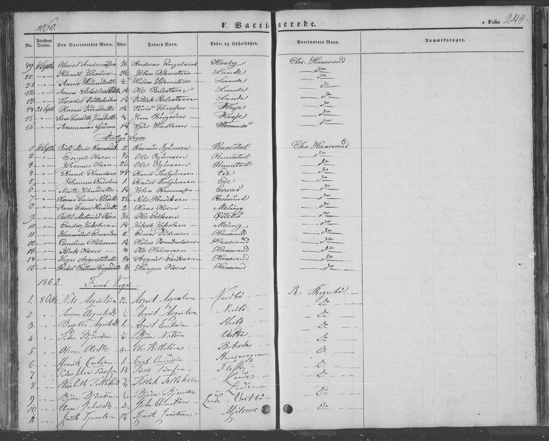Finnøy sokneprestkontor, SAST/A-101825/H/Ha/Haa/L0007: Parish register (official) no. A 7, 1847-1862, p. 240