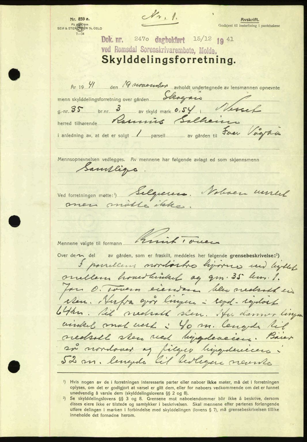 Romsdal sorenskriveri, AV/SAT-A-4149/1/2/2C: Mortgage book no. A11, 1941-1942, Diary no: : 2470/1941