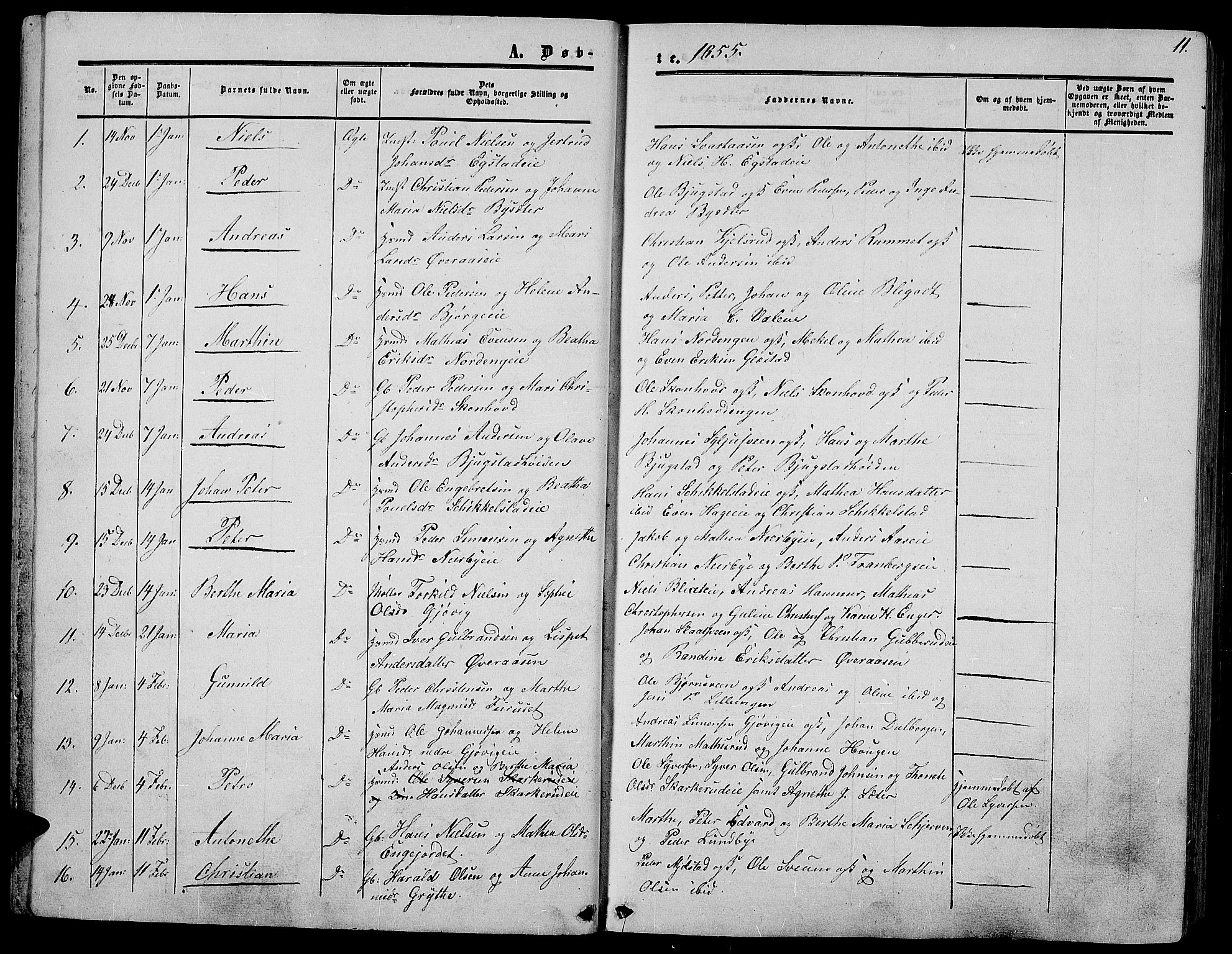 Vardal prestekontor, SAH/PREST-100/H/Ha/Hab/L0005: Parish register (copy) no. 5, 1854-1868, p. 11
