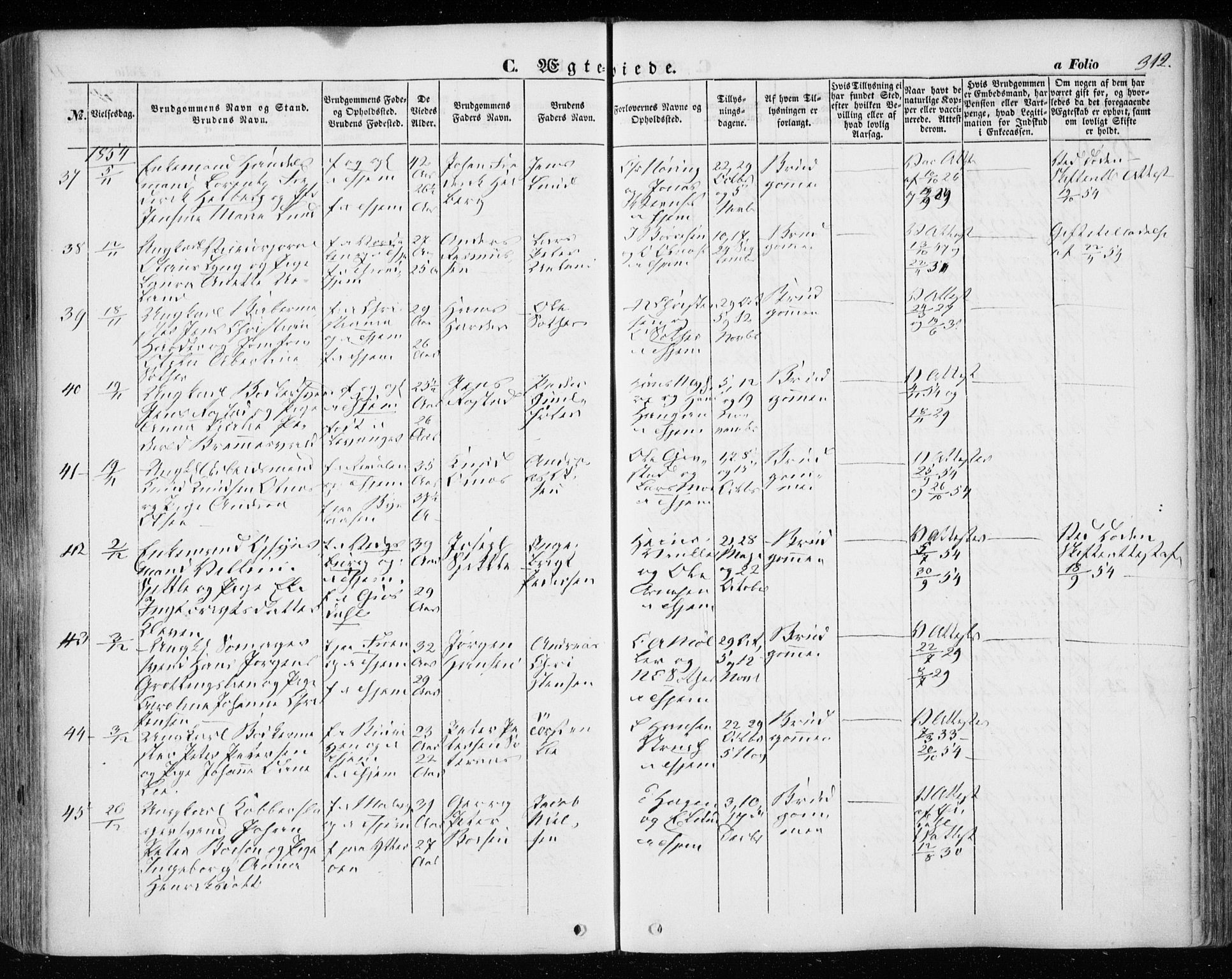 Ministerialprotokoller, klokkerbøker og fødselsregistre - Sør-Trøndelag, SAT/A-1456/601/L0051: Parish register (official) no. 601A19, 1848-1857, p. 312