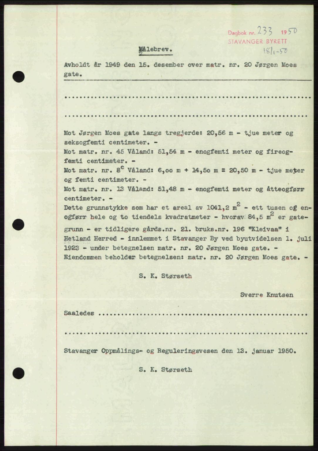 Stavanger byrett, SAST/A-100455/002/G/Gb/L0024: Mortgage book no. A13, 1949-1950, Diary no: : 233/1950